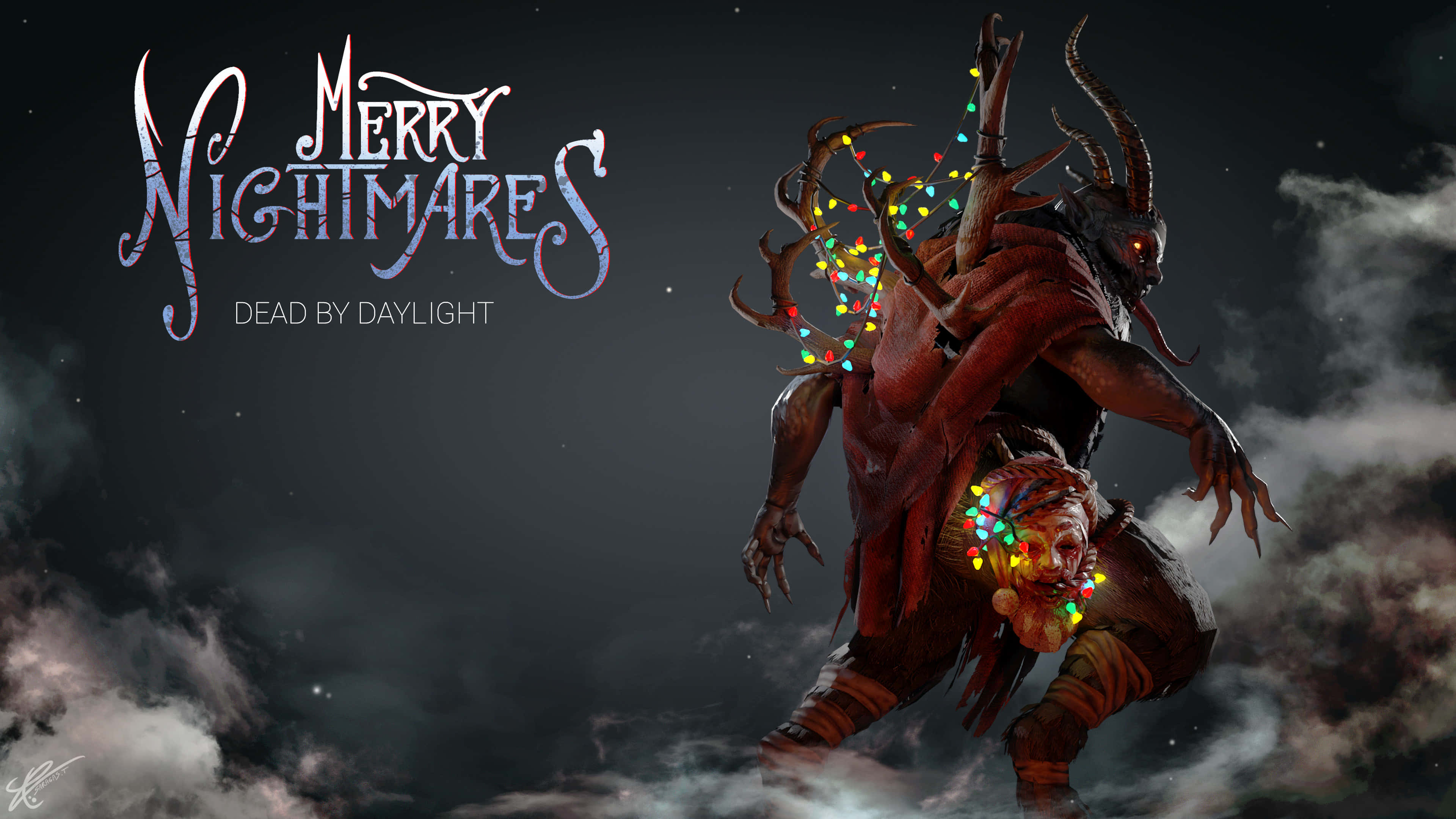 Krampus 桌布 壁紙 — 一個惡魔般的身影，發光的聖誕燈纏繞其角和身體，背景是星空與雲層，左側有「Merry Nightmares」字樣。