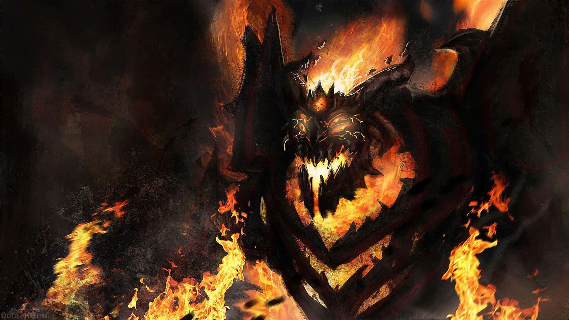 Shadow Fiend 桌布 壁紙 — 一個惡魔般的身影，雙眼發光，牙齒參差不齊，在黑暗的背景中被咆哮的火焰吞沒。