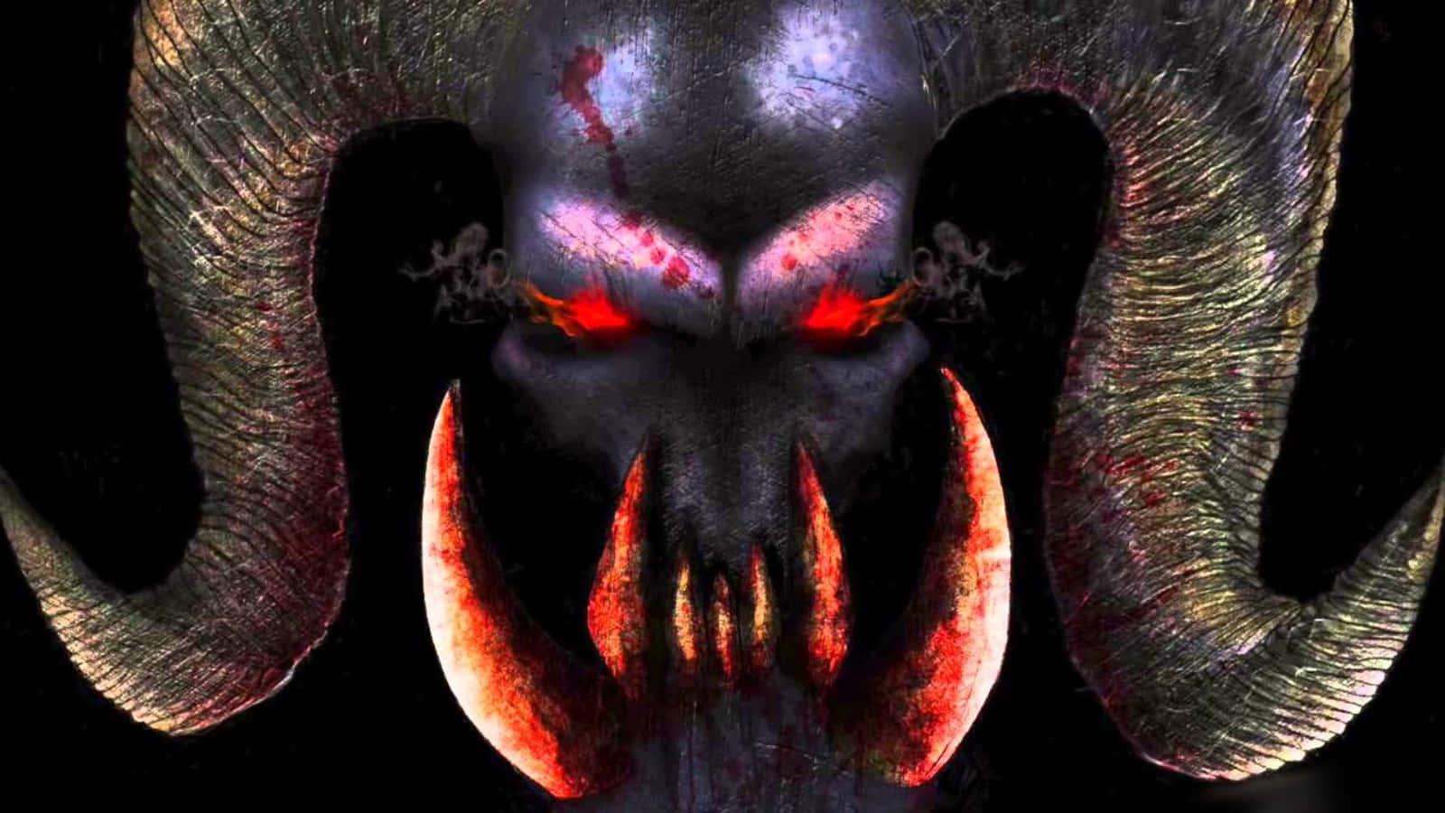 Monster 桌布 壁紙 — 一個惡魔般的面孔，擁有發光的紅色眼睛和彎曲的角，背景為黑色。