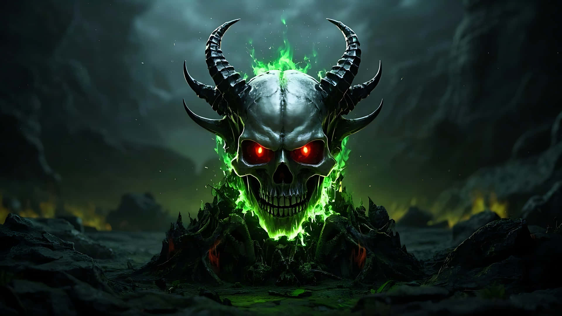 Skull with Devil Horns and Burning Shadows. ghost wallpaper 壁紙 — 一個惡魔頭骨，帶有發光的紅色眼睛和綠色火焰，從黑暗的岩石地形中噴出，天空風暴密佈。