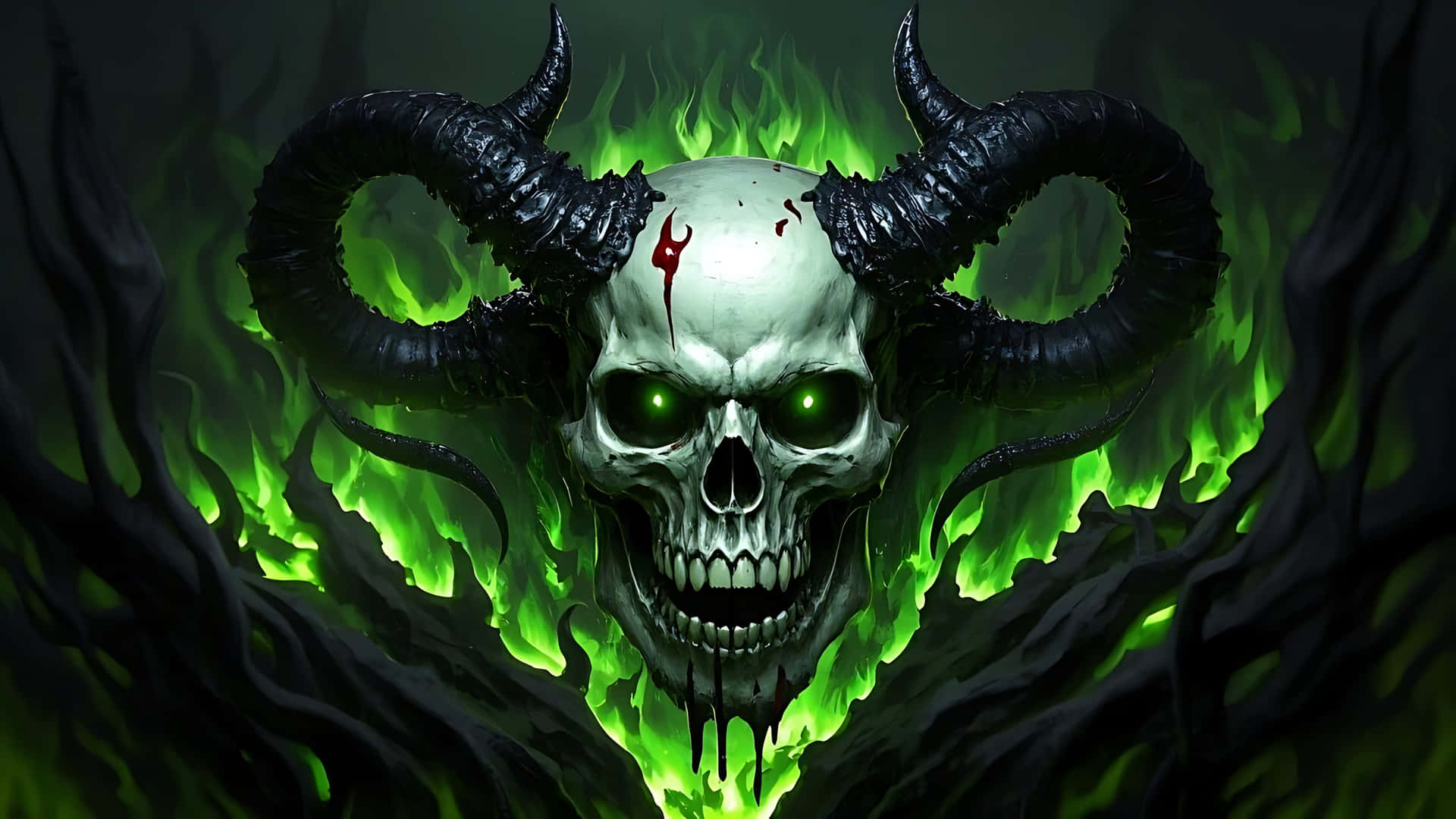 Skull with Devil Horns and Burning Shadows. ghost wallpaper 壁紙 — 一個惡魔頭骨，帶有發光的綠色眼睛和黑色角，從旋轉的綠色火焰中浮現，背景為黑暗。