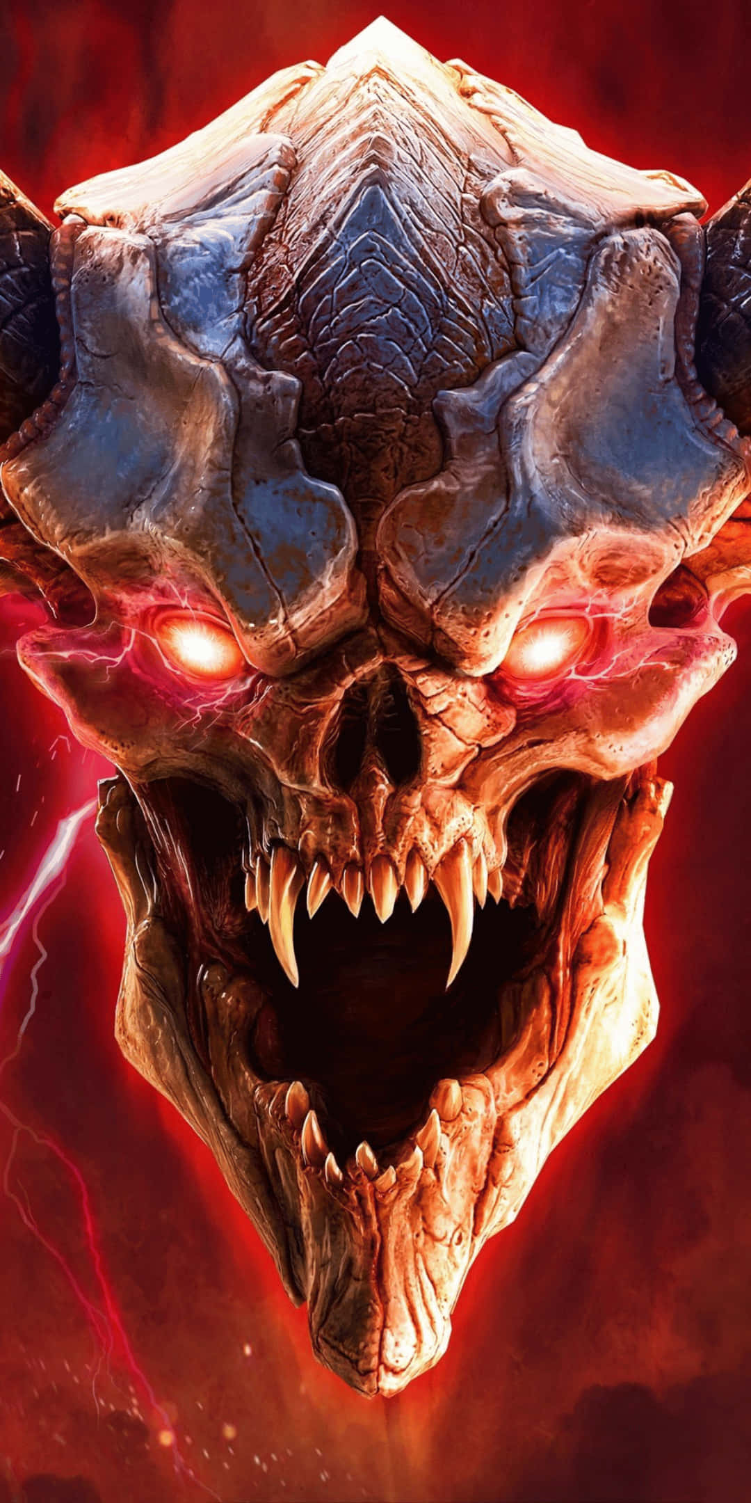 Pixel 3 Doom 桌布 壁紙 — 一個惡魔頭骨，有著發光的紅色眼睛和鋸齒狀的牙齒，在帶有閃電的火紅背景下咆哮。