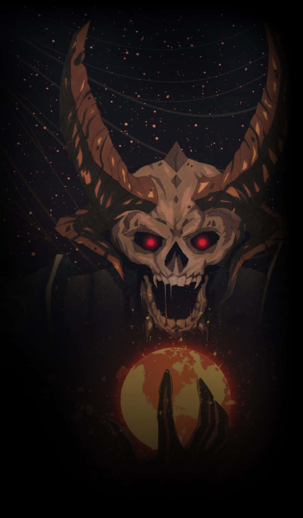 人像動態 桌布 壁紙 — 一個惡魔頭骨，有著發光的紅色眼睛和彎曲的角，在繁星點點的夜空下籠罩著一個火球。