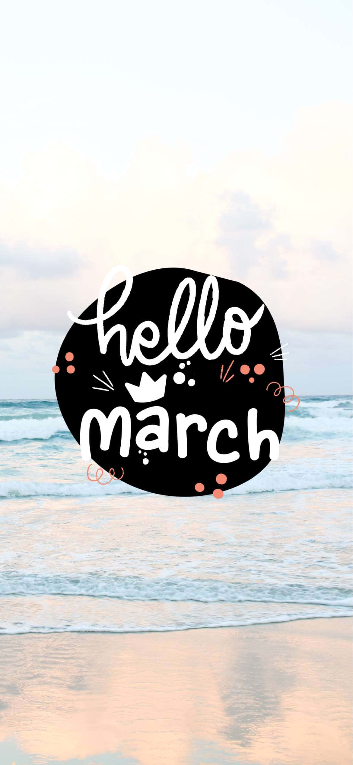 March 桌布 壁紙 — 一個愉快的「你好三月」圖形漂浮在日出時柔和的粉紅色和藍色海灘場景上。