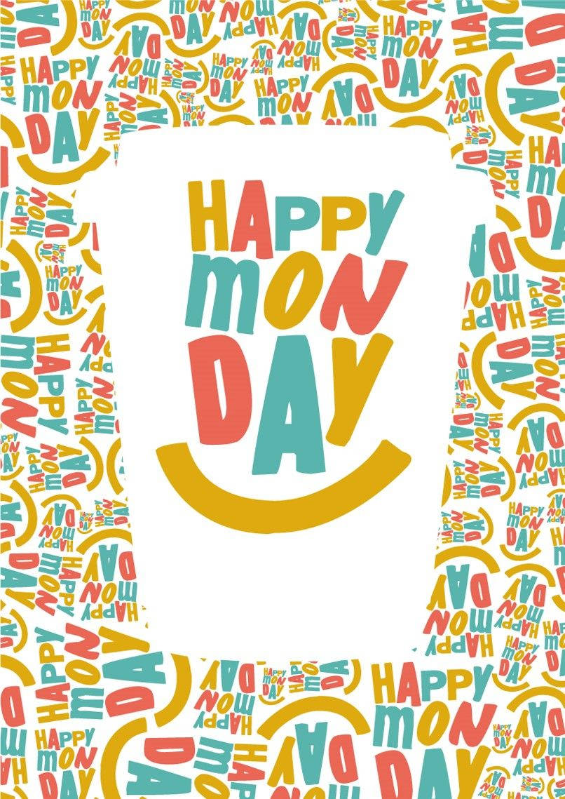 Happy Monday 桌布 壁紙 — 一個愉快的「星期一快樂」問候，帶有彩色文字和笑臉，圍繞著白色中心。