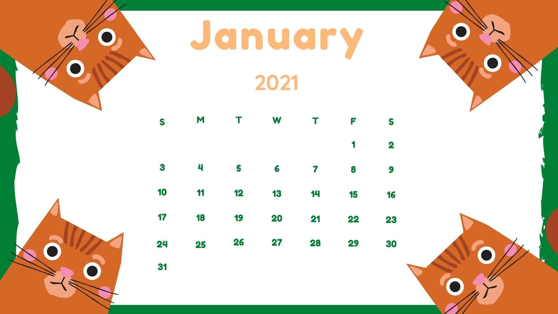 2021 桌面 桌布 壁紙 — 一個愉快的2021年1月日曆，由四隻可愛的橙色卡通貓咪從角落探出頭來框住。