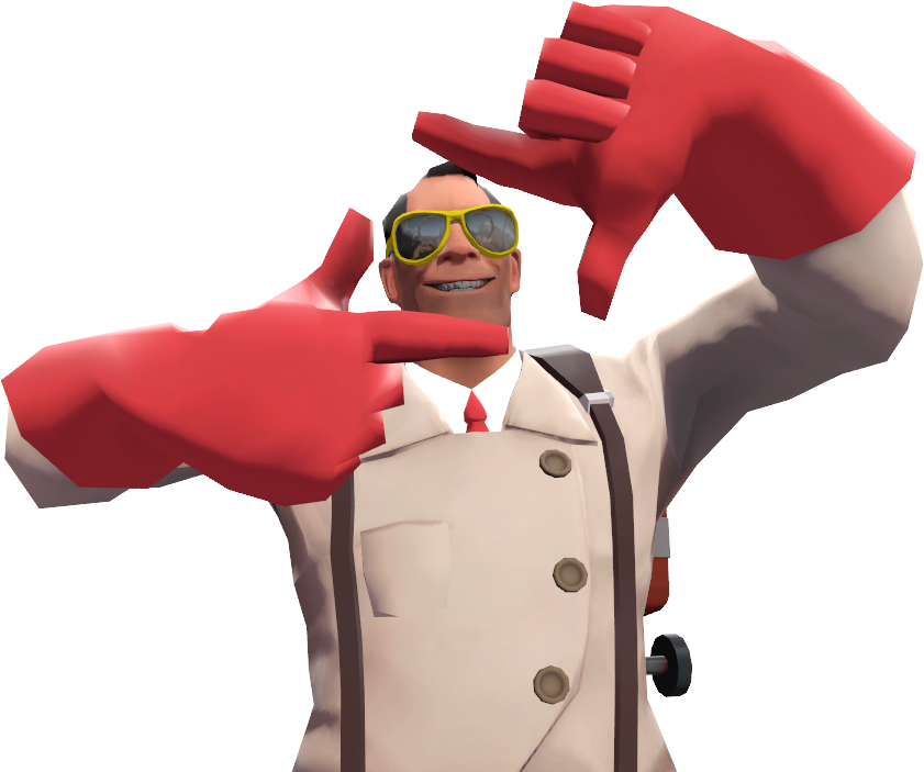 Tf2 桌布 壁紙 — 一個愉快的3D渲染男人，穿著米色外套和黃色太陽眼鏡，用巨大的紅色手在白色背景前框住自己。