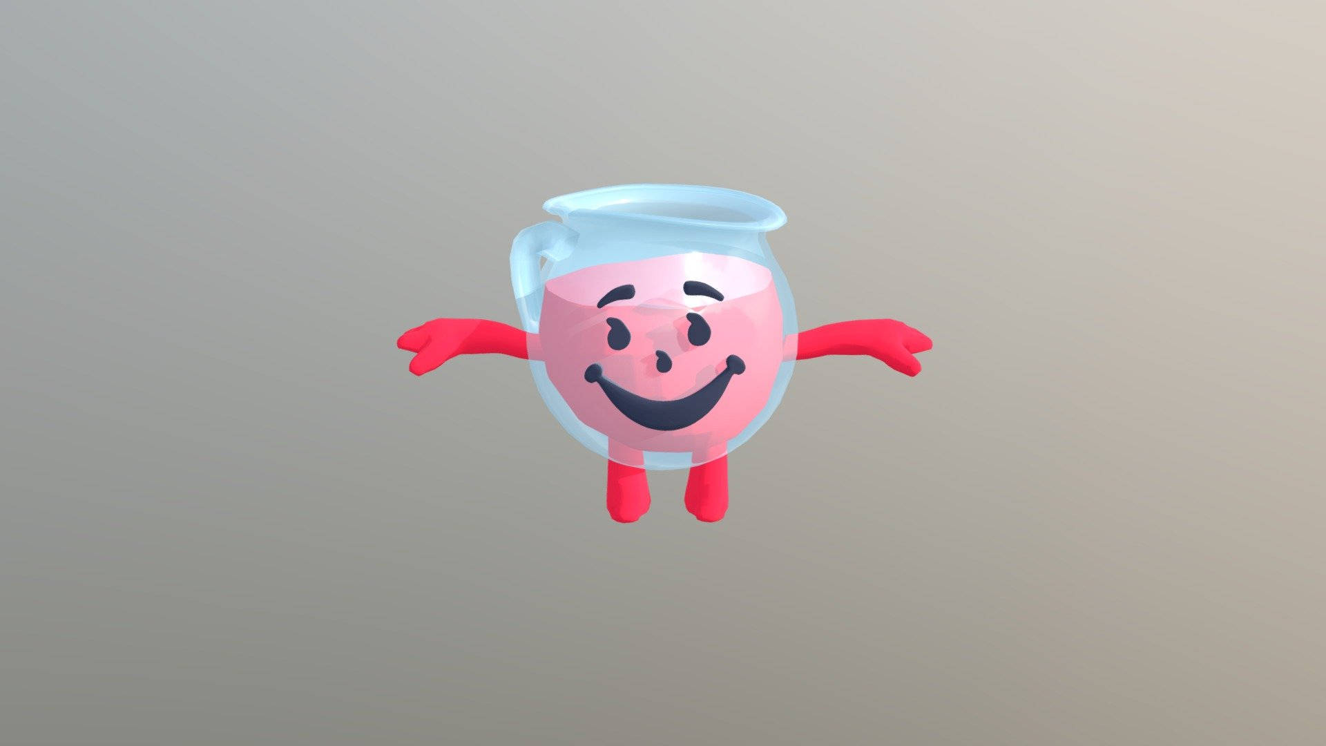 Kool Aid Man 桌布 壁紙 — 一個愉快的3D渲染粉紅色液體角色，在玻璃壺中有紅色四肢，對著中性灰色背景微笑。