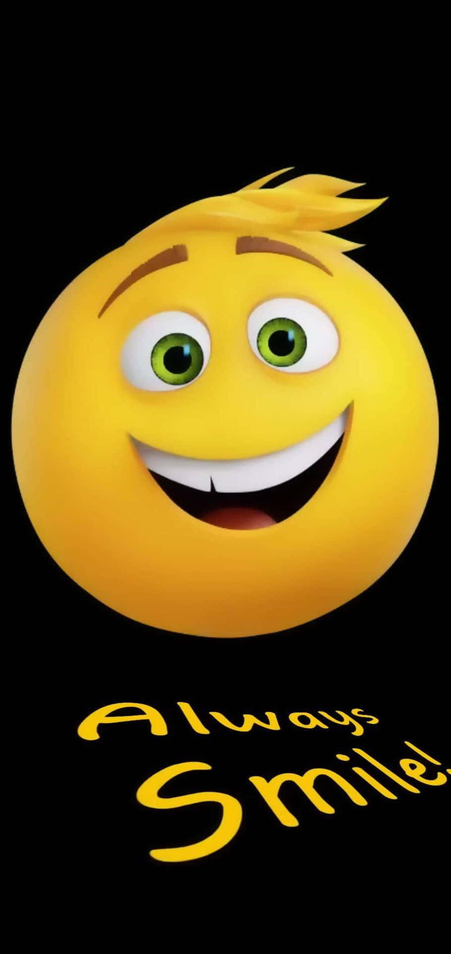 一個明亮的黃色微笑表情符號，有綠色眼睛，黑色背景上寫著「Always Smile!」。 — 表情符號 GIF 壁紙