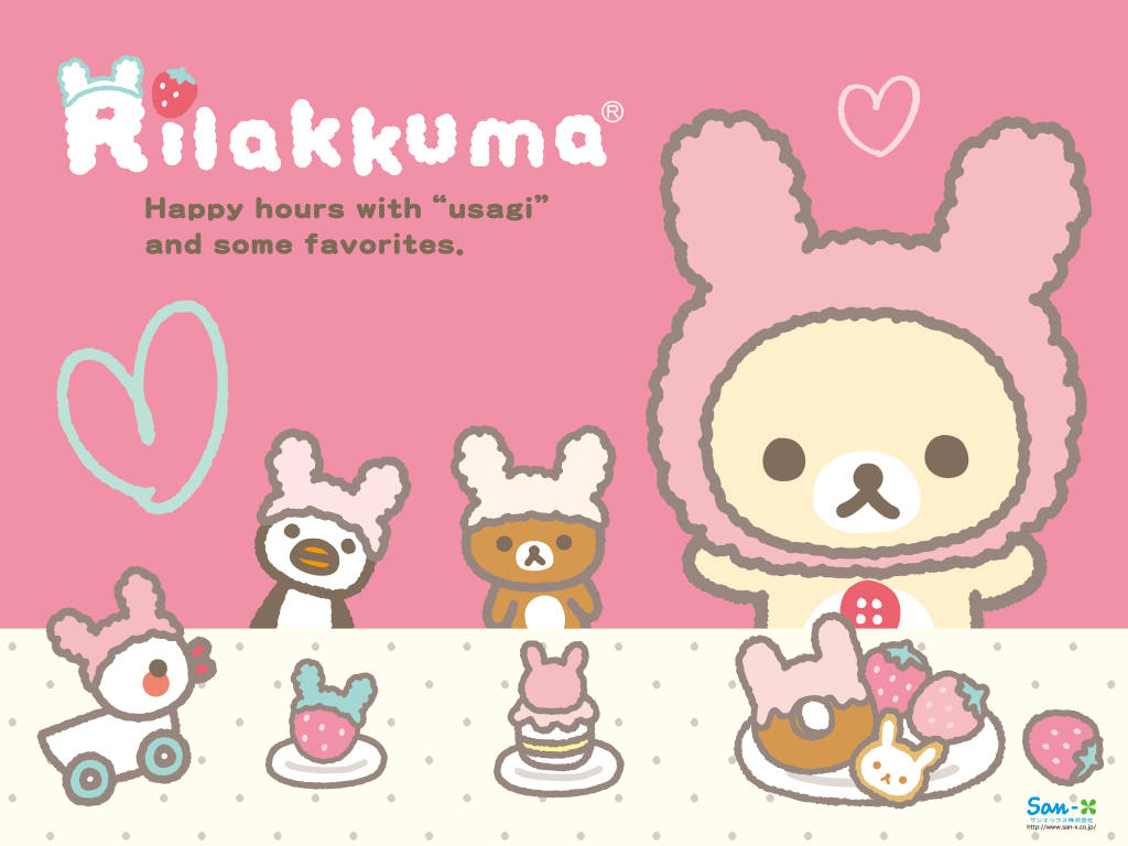懶懶熊 桌布 壁紙 — 一個愉快的Rilakkuma桌布， featuring可愛的角色戴著兔子帽，在柔和的粉紅色背景上享受草莓美食。