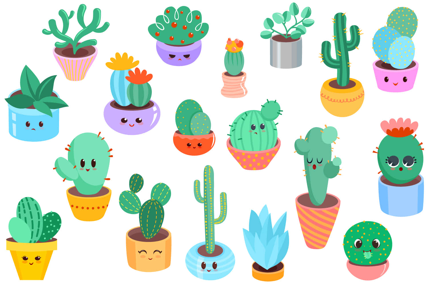 Kawaii Cactus 桌布 壁紙 — 一個愉快的卡通仙人掌系列，有可愛的臉孔，放在色彩繽紛的花盆中，背景為白色。