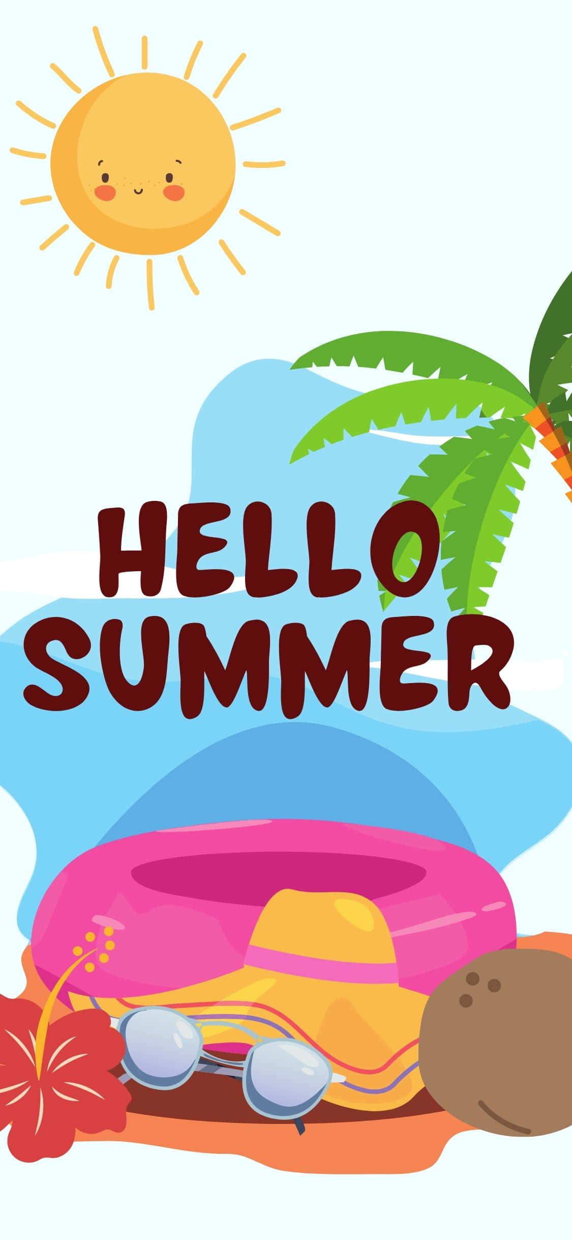 Illustration Art 桌布 壁紙 — 一個愉快的卡通夏日場景，有微笑的太陽、棕櫚樹、充氣環、太陽眼鏡和椰子，在明亮的藍天下。