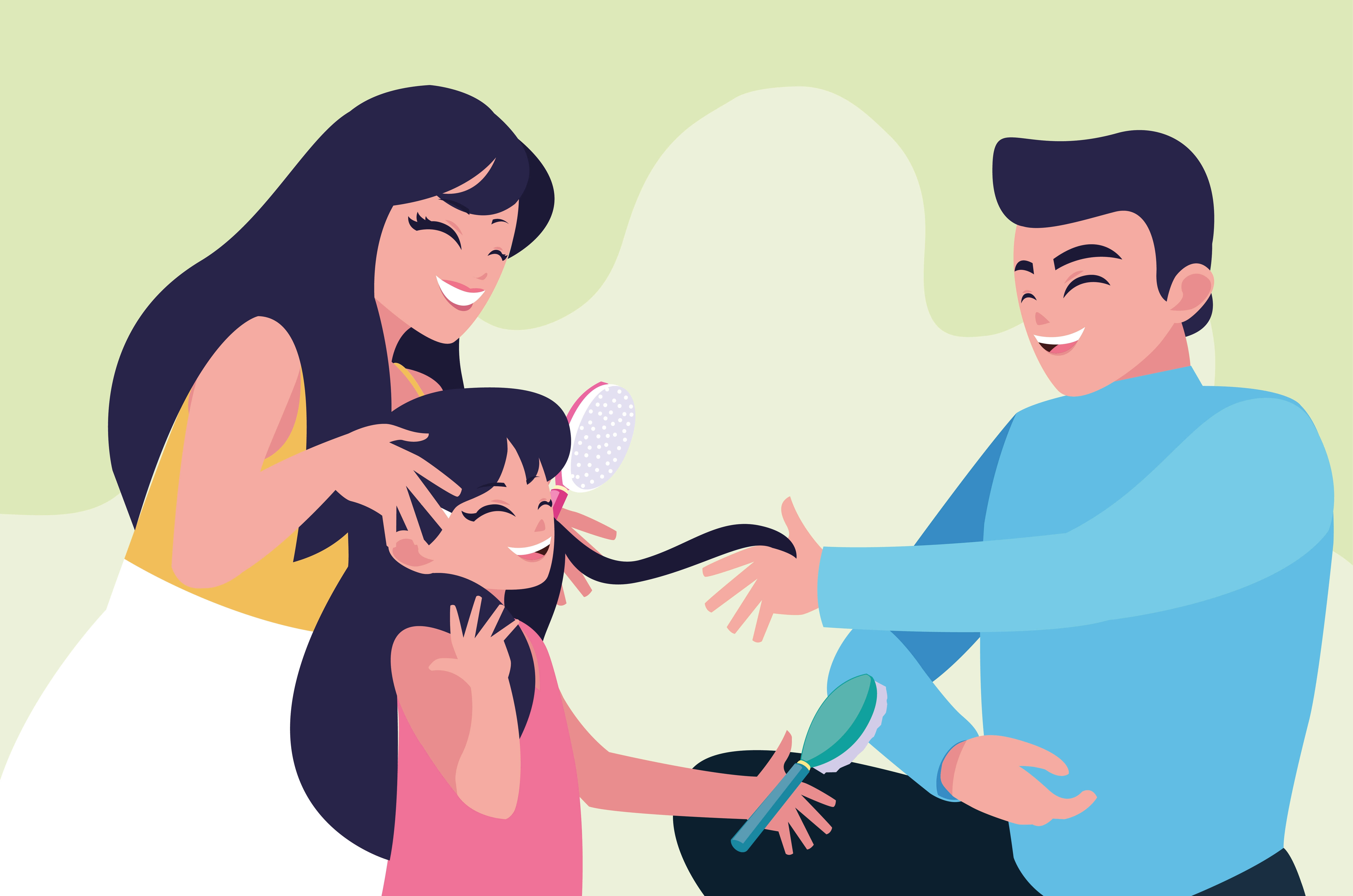 Mom 桌布 壁紙 — 一個愉快的卡通家庭時刻，父母在柔和的粉彩背景中為女兒梳理長髮。