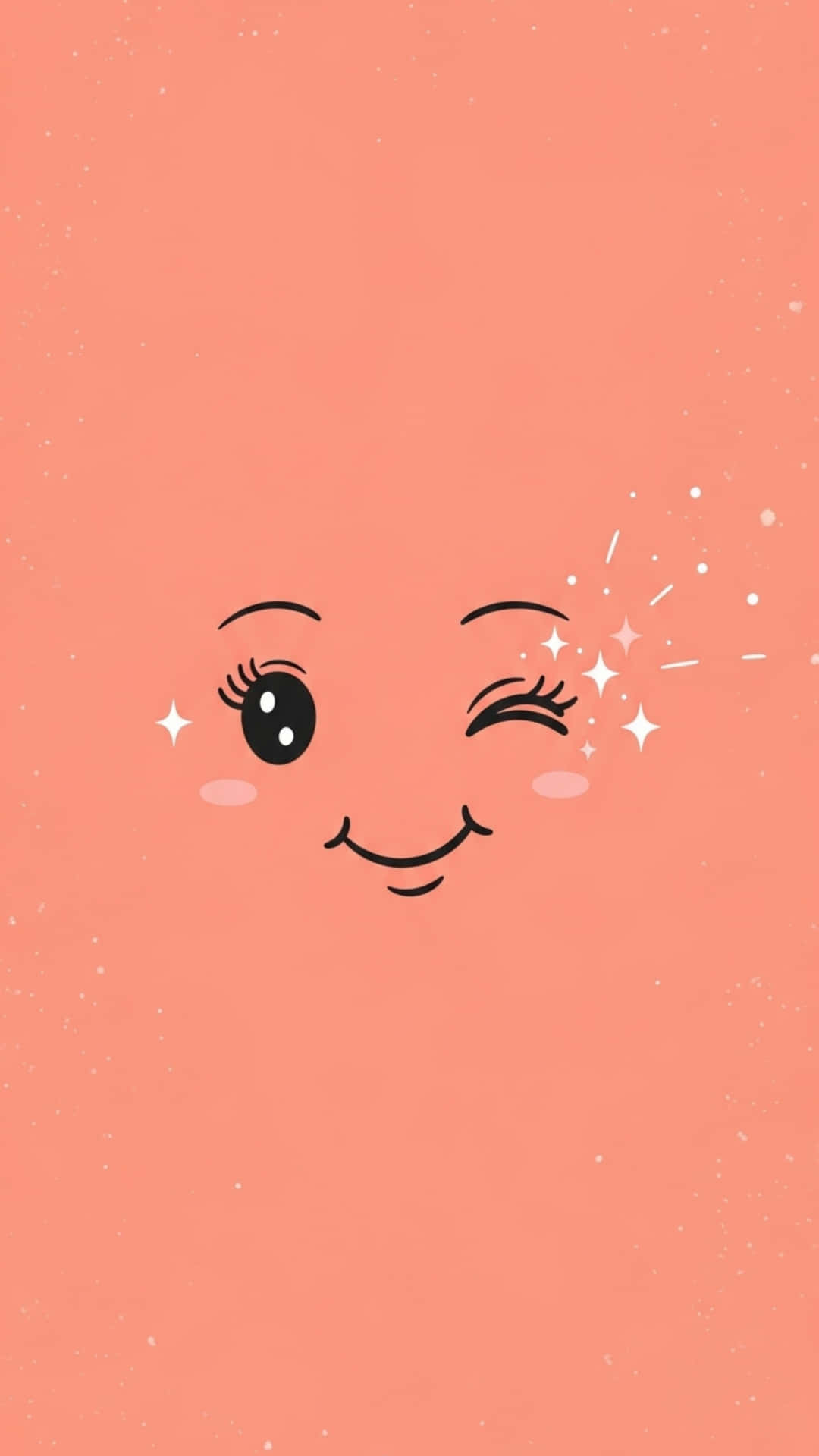 Smiling Chibi Face with Heart Blush Marks, Dusty Rose Gradient Background 壁紙 — 一個愉快的卡通臉孔，有一隻眼睛在眨眼，並在柔和的珊瑚色背景上有閃爍的星星。