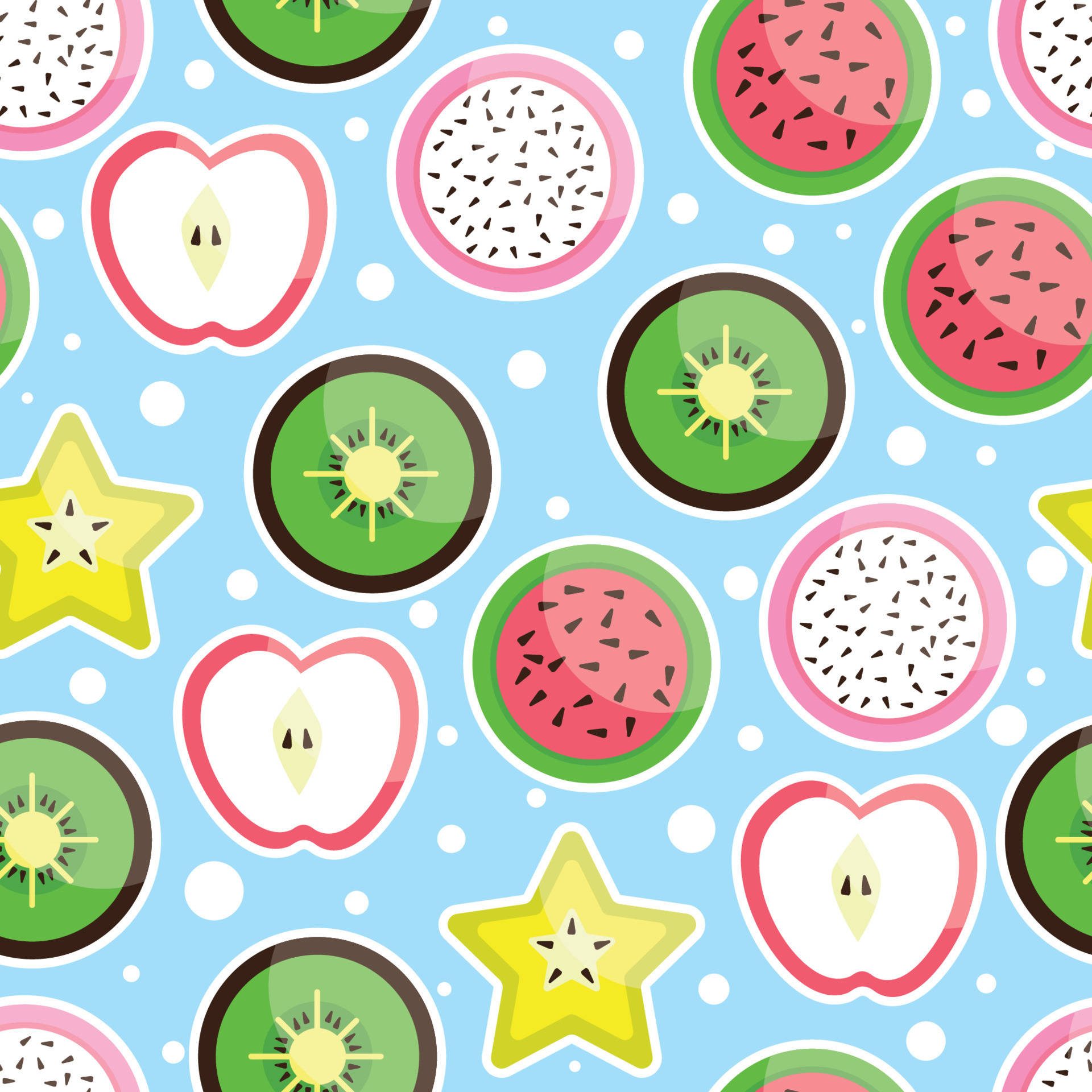 Fruits 桌布 壁紙 — 一個愉快的圖案，包含奇異果、西瓜和楊桃等切片水果，放在淺藍色背景上，帶有白色圓點。