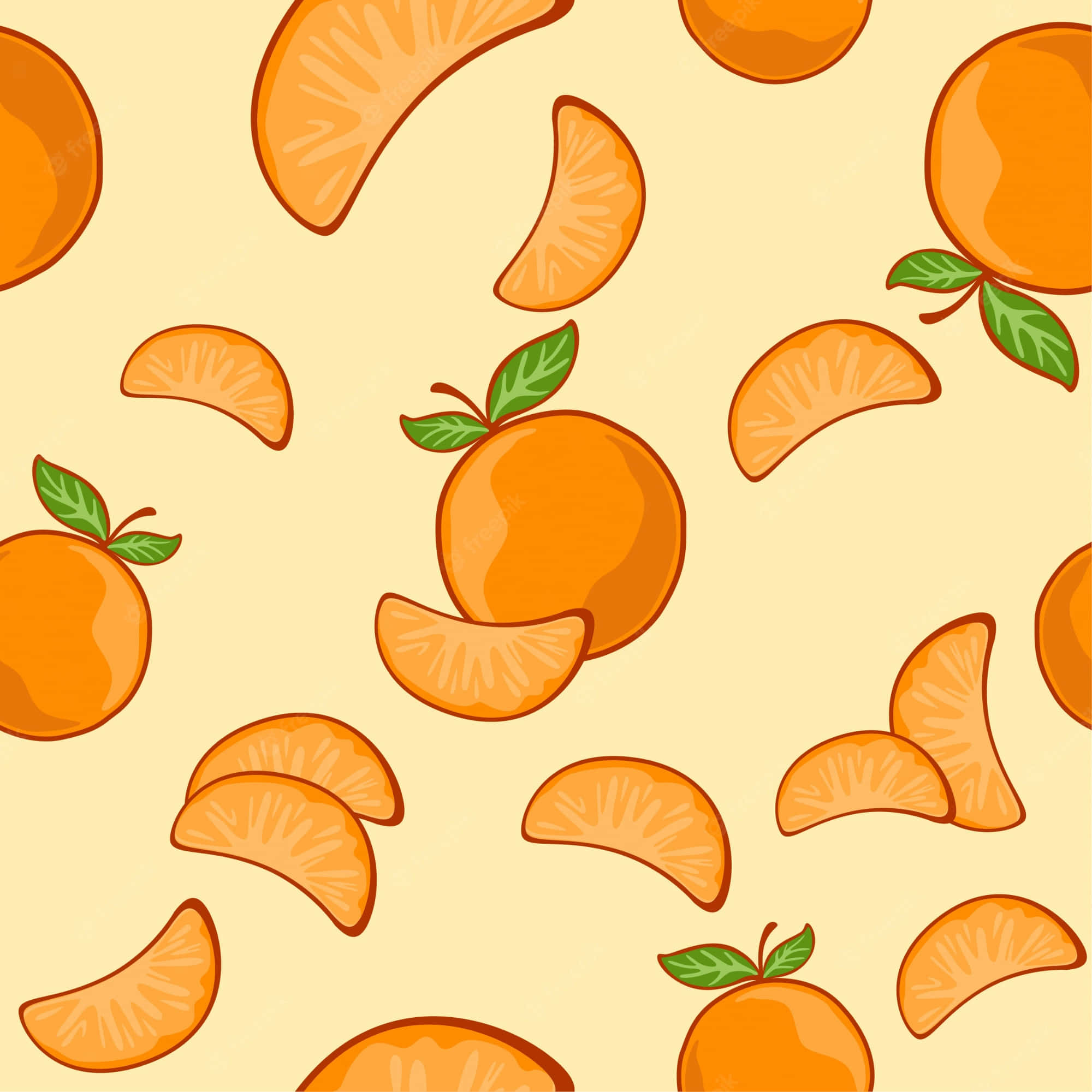 Cute Orange 桌布 壁紙 — 一個愉快的圖案，包含完整和切片的柑橘，配上綠色葉子，散落在淡黃色背景上。