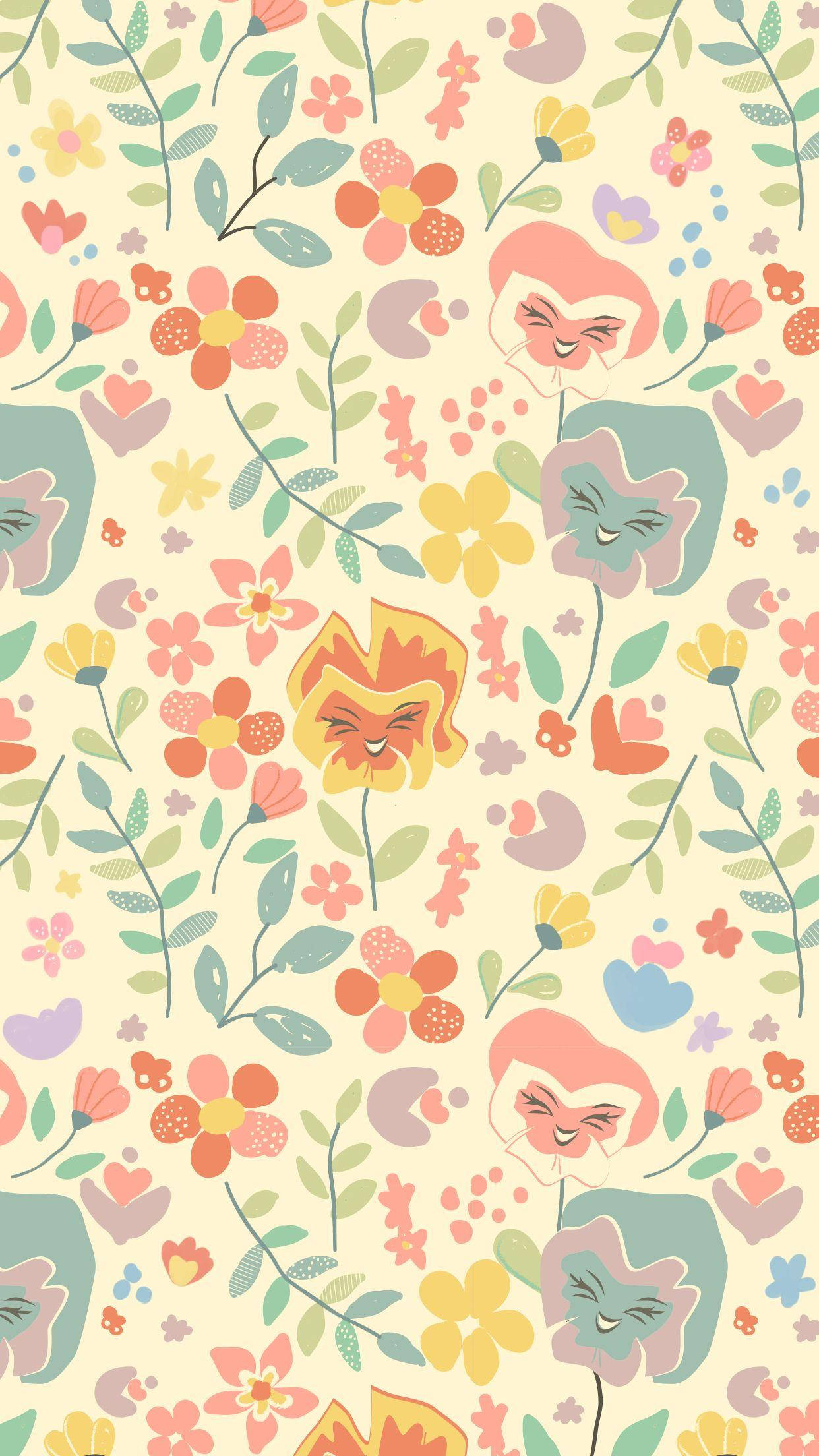 Disney Pattern 桌布 壁紙 — 一個愉快的圖案，包含微笑的卡通動物和色彩繽紛的花朵，背景為柔和的奶油色。