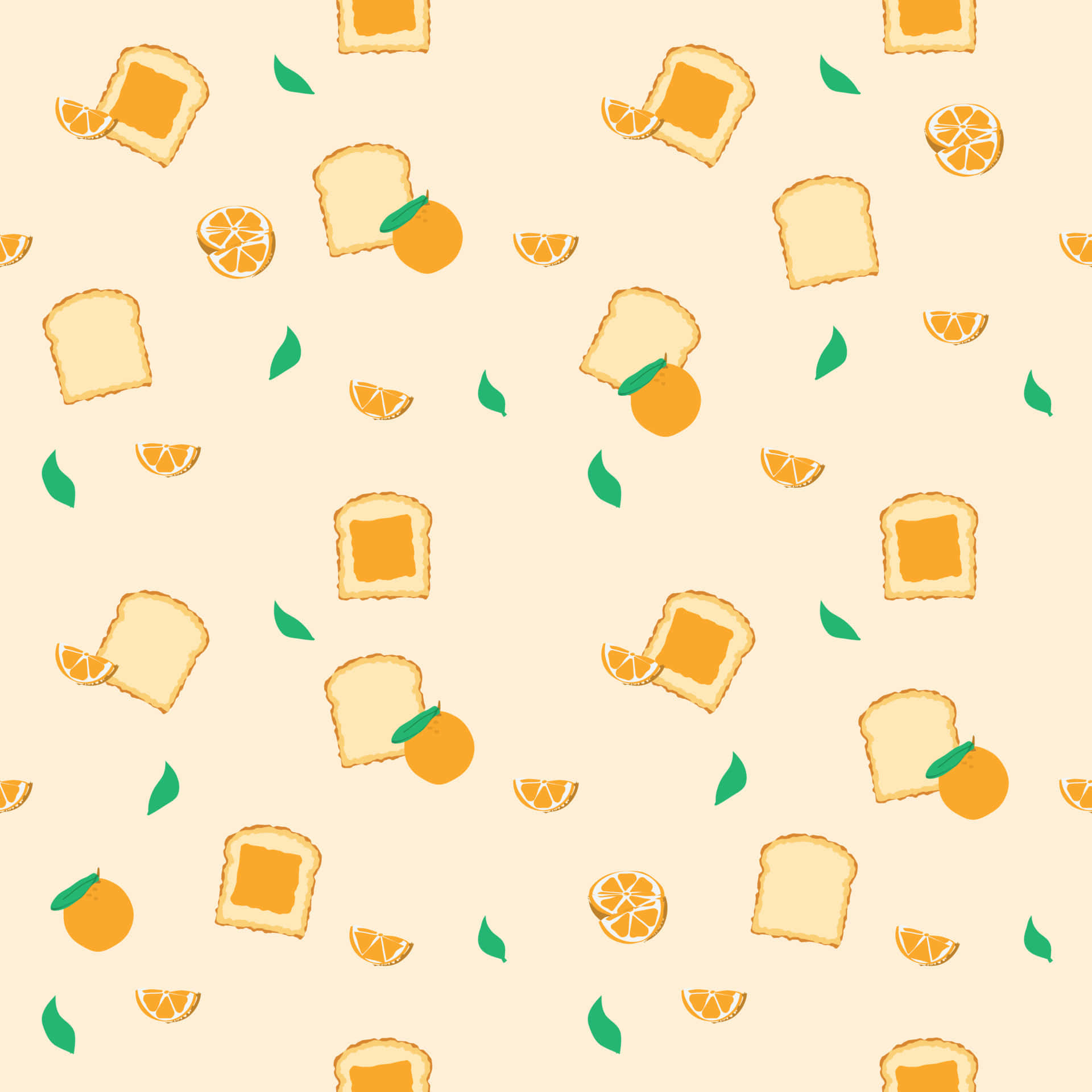 Cute Orange 桌布 壁紙 — 一個愉快的圖案，包含橙片和吐司，放在柔和的米色背景上，散落著綠葉。