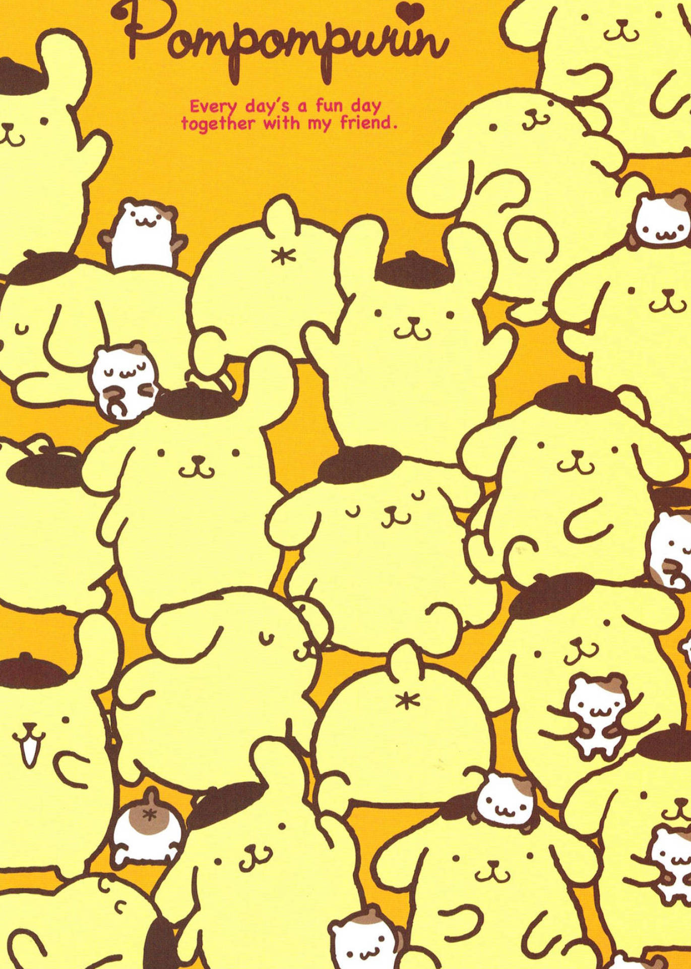 Cute Cartoon Dog 桌布 壁紙 — 一個愉快的圖案，包含黃色 Pompompurin 角色和白色小貓，背景為溫暖的橙色。