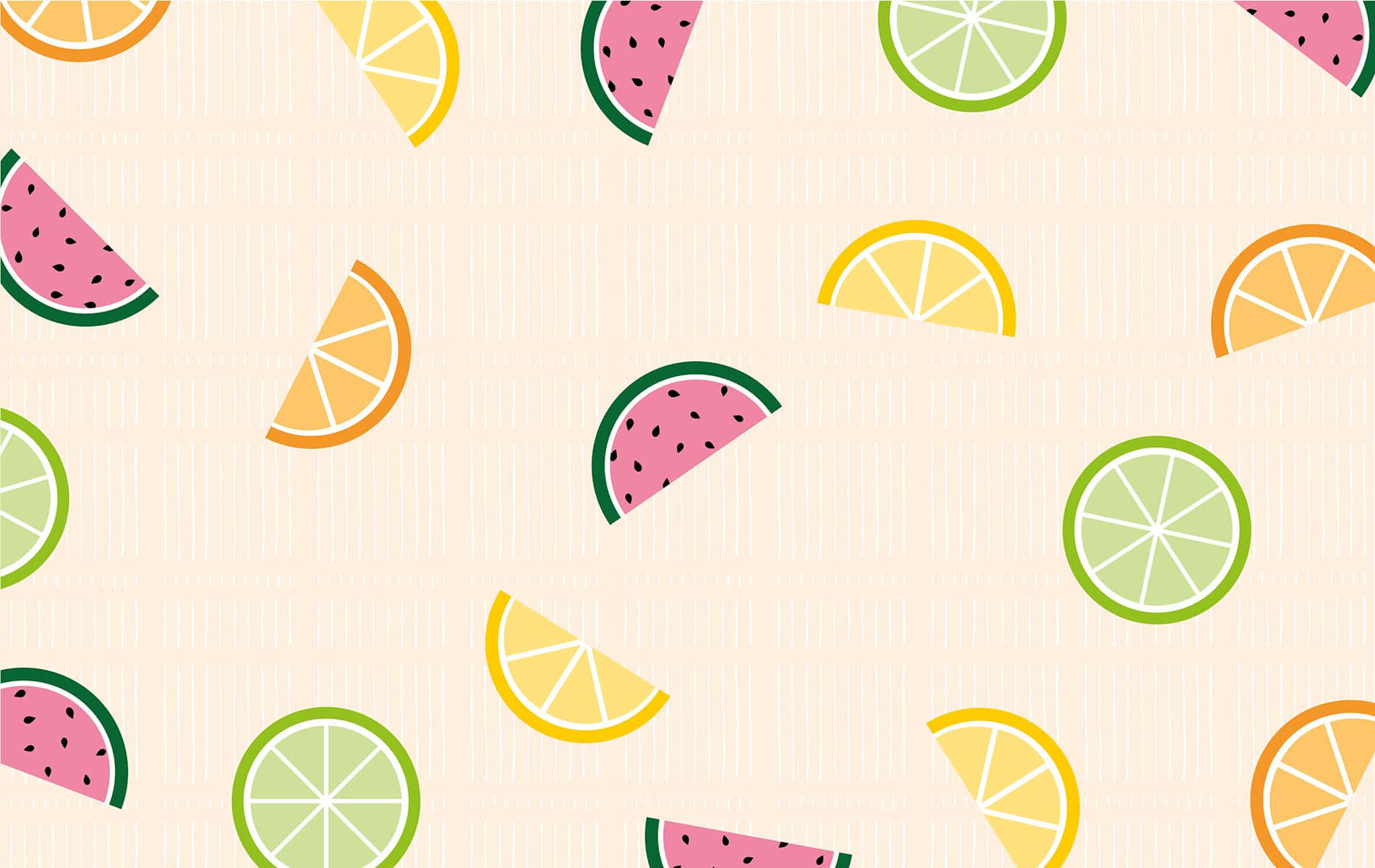 Kawaii Fruit 桌布 壁紙 — 一個愉快的圖案，將切好的西瓜、檸檬和萊姆水果散落在柔軟的米色背景上。