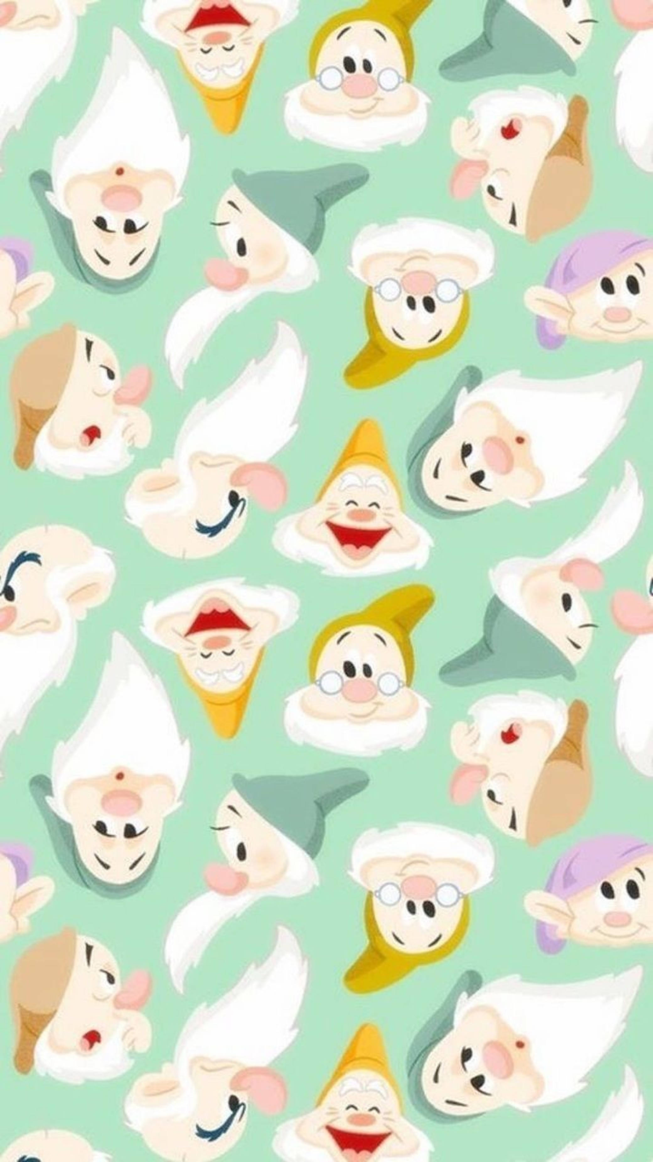 Seven Dwarfs 桌布 壁紙 — 一個愉快的圖案，展示迪士尼七個小矮人各種表情，背景為薄荷綠色。