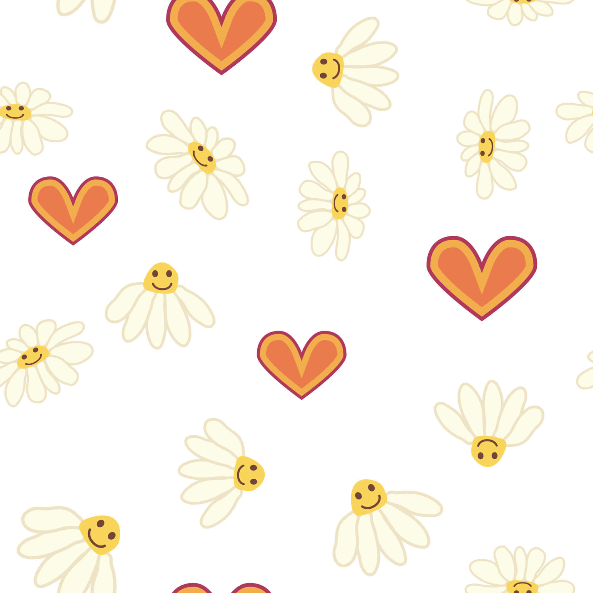 Daisies 桌布 壁紙 — 一個愉快的圖案，微笑的雛菊和橙色心形散落在乾淨的白色背景上。