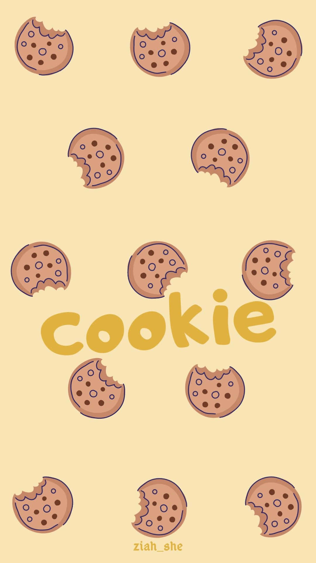 Cookie Swirl C 桌布 壁紙 — 一個愉快的圖案，有咬痕的巧克力餅乾散落在淺黃色背景上的「cookie」字樣周圍。