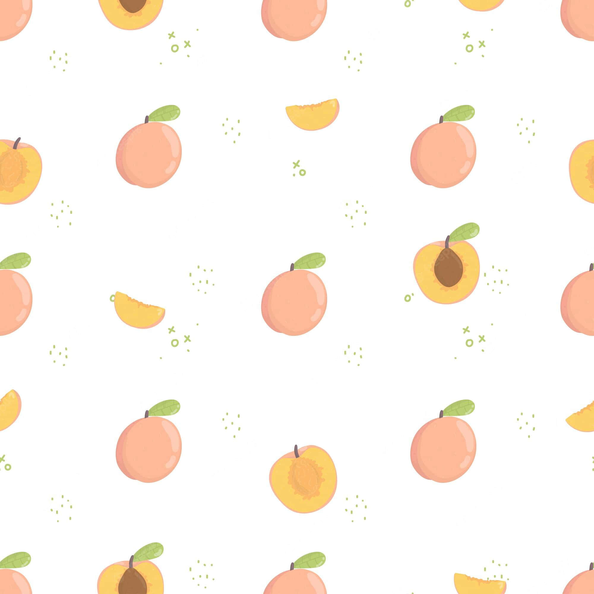 Cute Peach 桌布 壁紙 — 一個愉快的圖案，由完整和切片的桃子，配上綠色葉子，散落在乾淨的白色背景上。