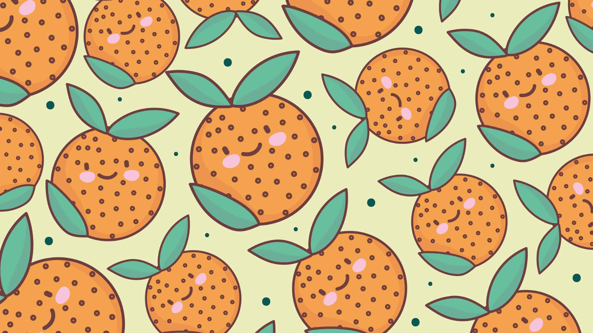 Cute Orange 桌布 壁紙 — 一個愉快的圖案，由微笑的卡通柳橙配綠葉組成，背景為淺綠色。