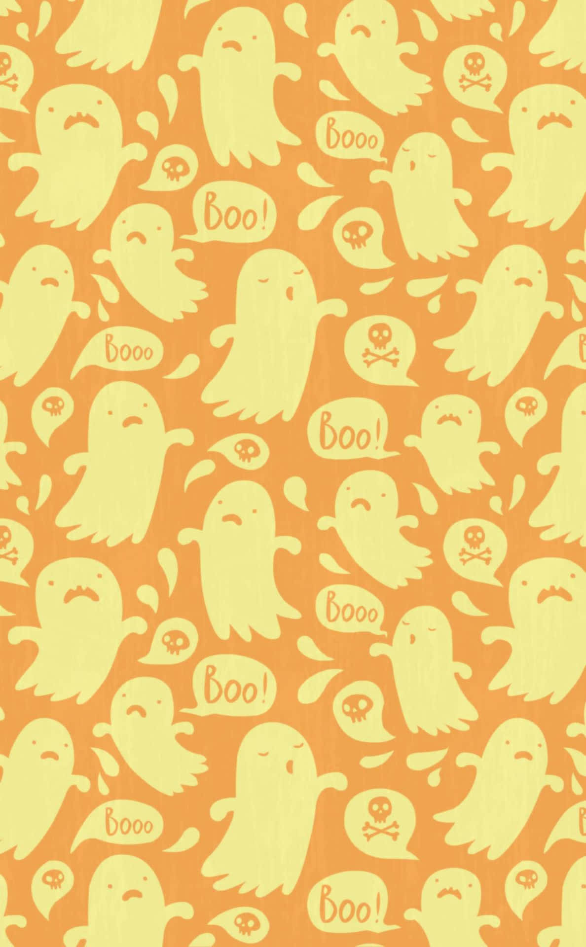 橙色背景上重複出現淡黃色卡通鬼魂說 boo 和骷髏頭。 — 橘色美學 GIF 壁紙