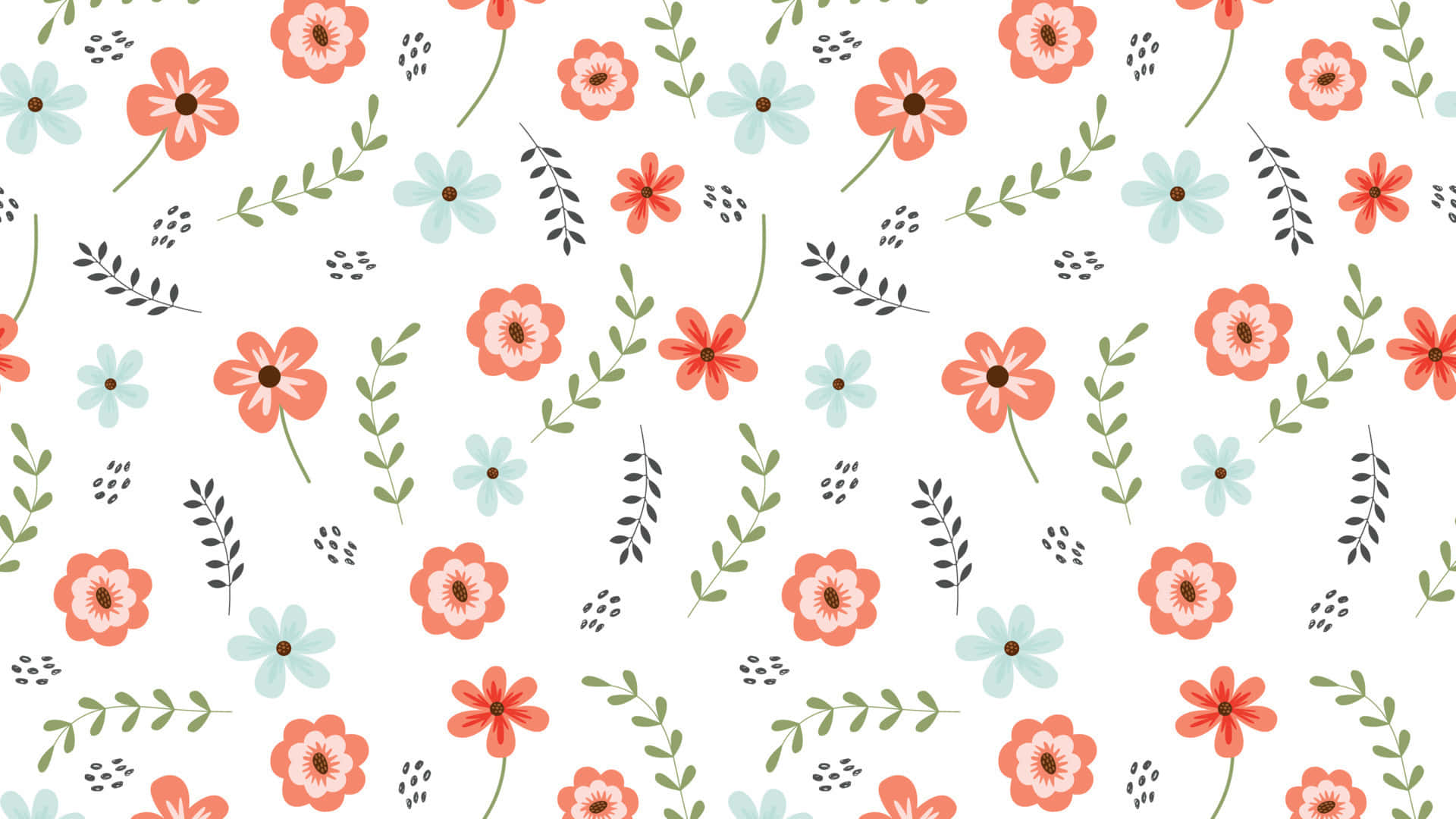 tumblr 花朵 桌布 壁紙 — 一個愉快的圖案，由珊瑚和薄荷色的花朵組成，帶有綠色莖和黑色葉子點綴，在乾淨的白色背景上。