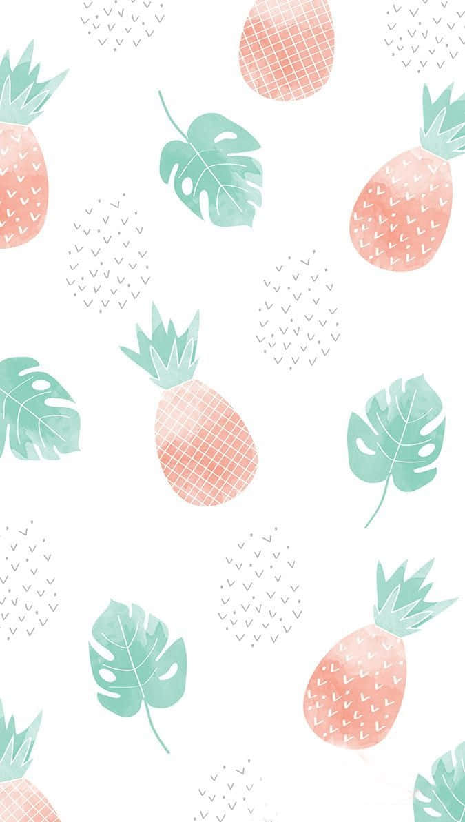 Summer iPhone 桌布 壁紙 — 一個愉快的圖案，由珊瑚色鳳梨和薄荷色龜背竹葉組成，白色背景上帶有微妙的幾何點綴。