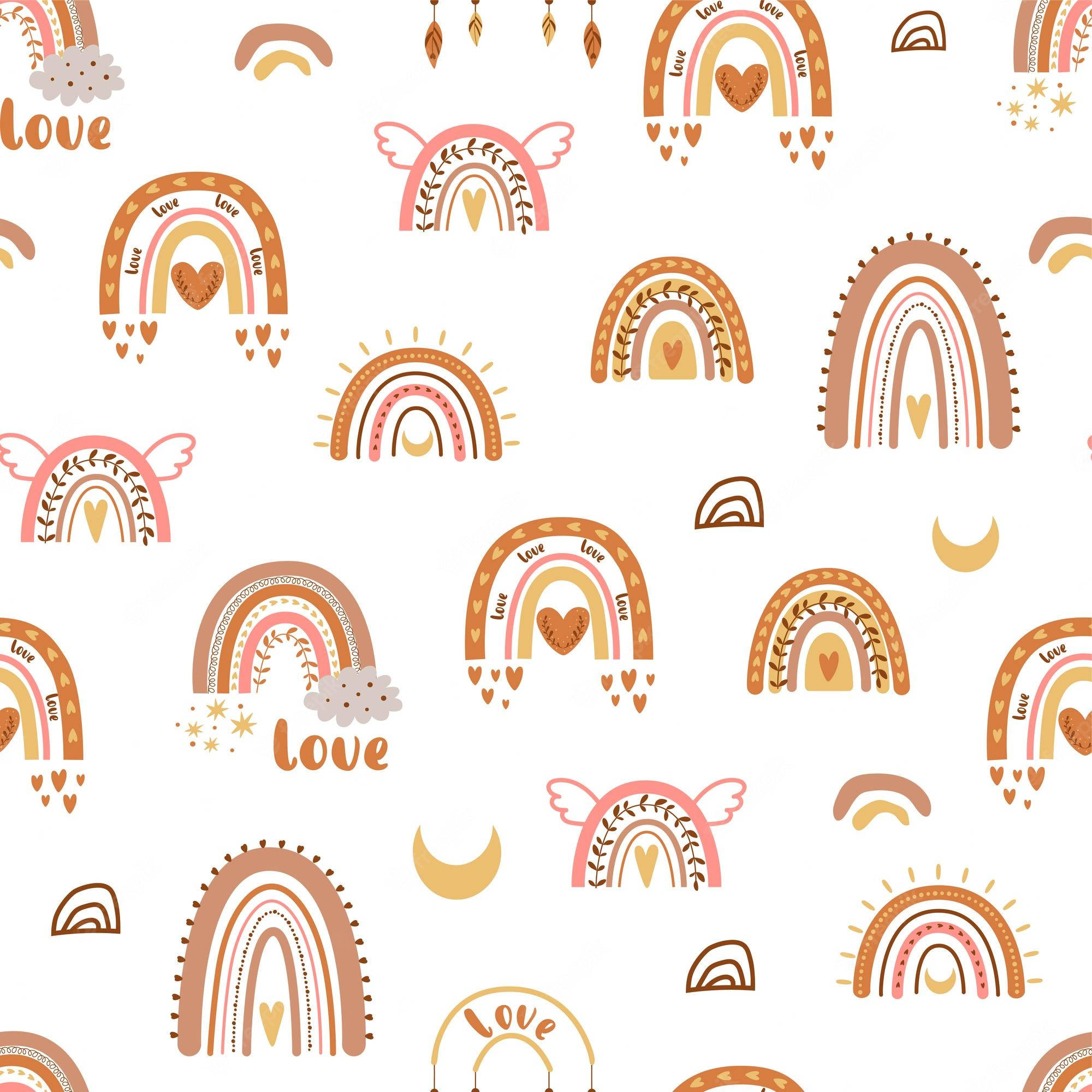Boho Rainbow 桌布 壁紙 — 一個愉快的圖案，由粉彩彩虹、心形、翅膀和「愛」字組成，散落在白色背景上。
