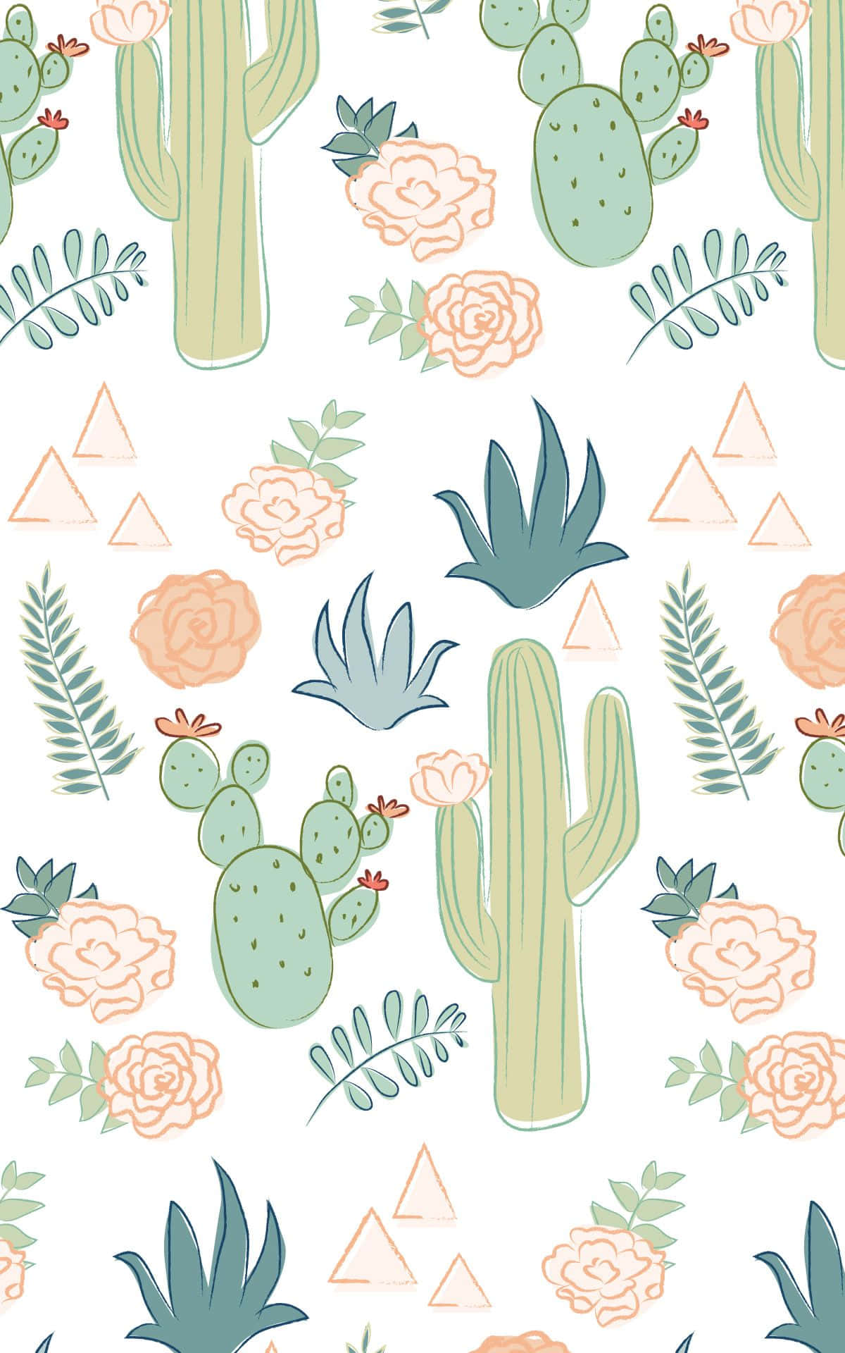 Cute Cactus 桌布 壁紙 — 一個愉快的圖案，由綠色仙人掌、蜜桃花和蕨類植物散落在白色背景上，搭配粉彩三角形。