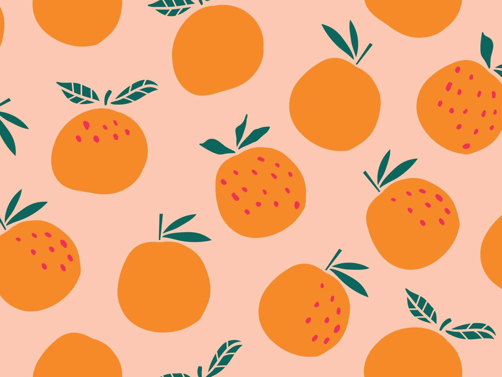 Cute Orange 桌布 壁紙 — 一個愉快的圖案，由風格化的柳橙、綠色葉子和粉紅色圓點組成，背景是柔和的桃色。