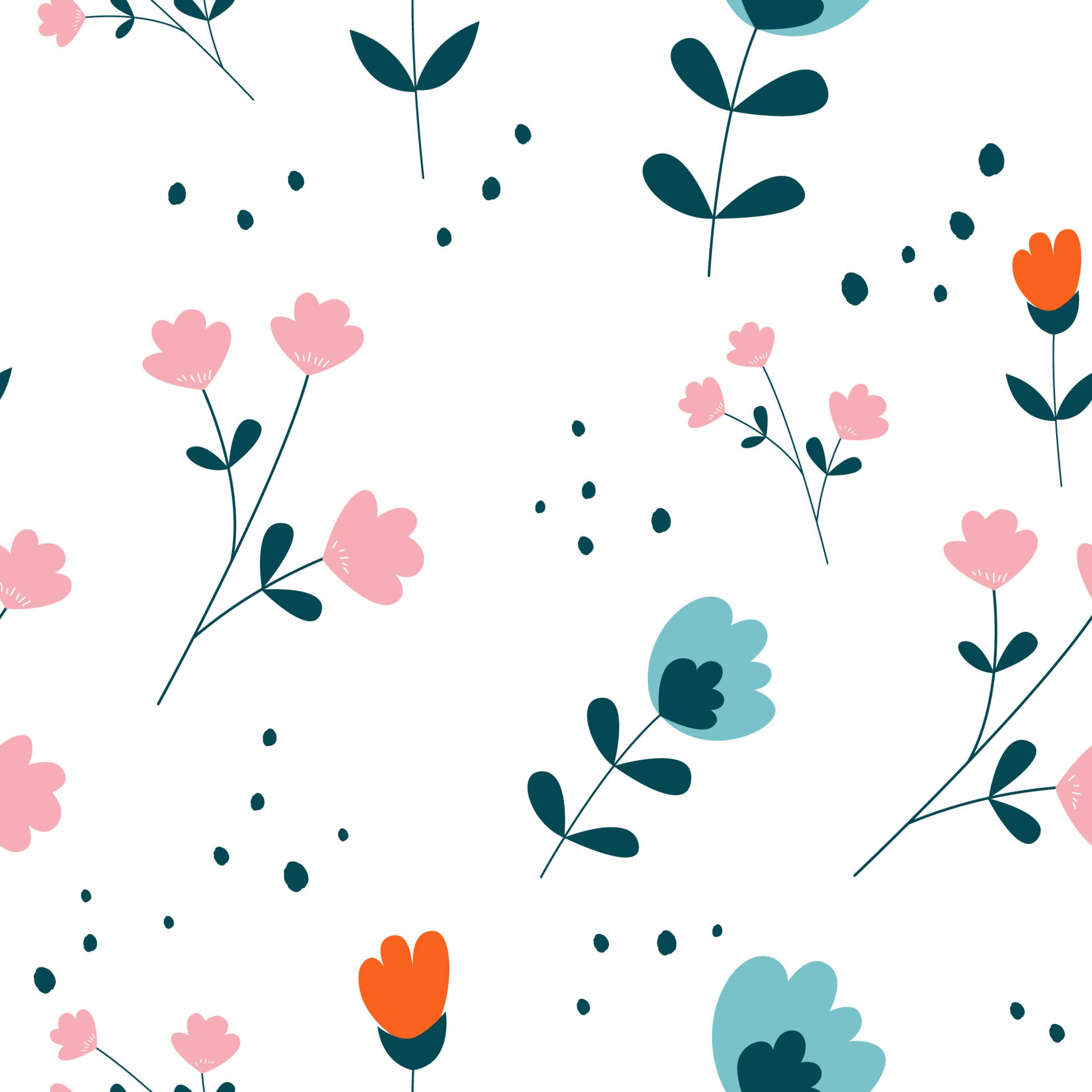 Flowers Aesthetic 桌布 壁紙 — 一個愉快的圖案，由風格化的粉紅色、橙色和藍綠色花朵組成，帶有深綠色莖和散落的圓點，在乾淨的白色背景上。