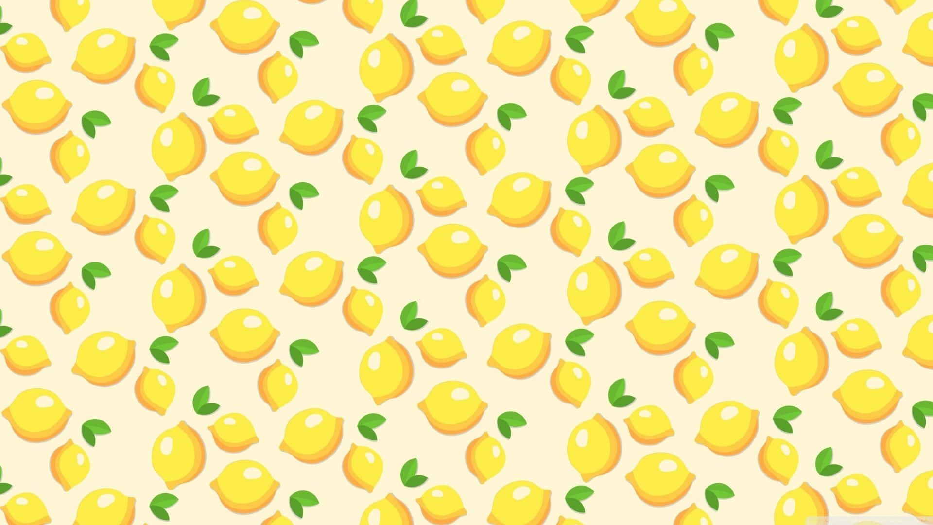 Cute Yellow Desktop 桌布 壁紙 — 一個愉快的圖案，由鮮黃色的檸檬和綠葉散佈在柔軟的奶油色背景上組成。