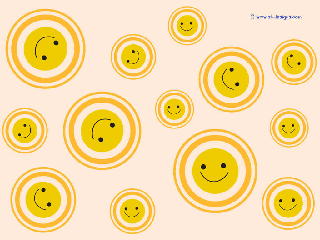 cute happy 桌布 壁紙 — 一個愉快的圖案，由黃色笑臉在柔和蜜桃色背景上組成同心圓。