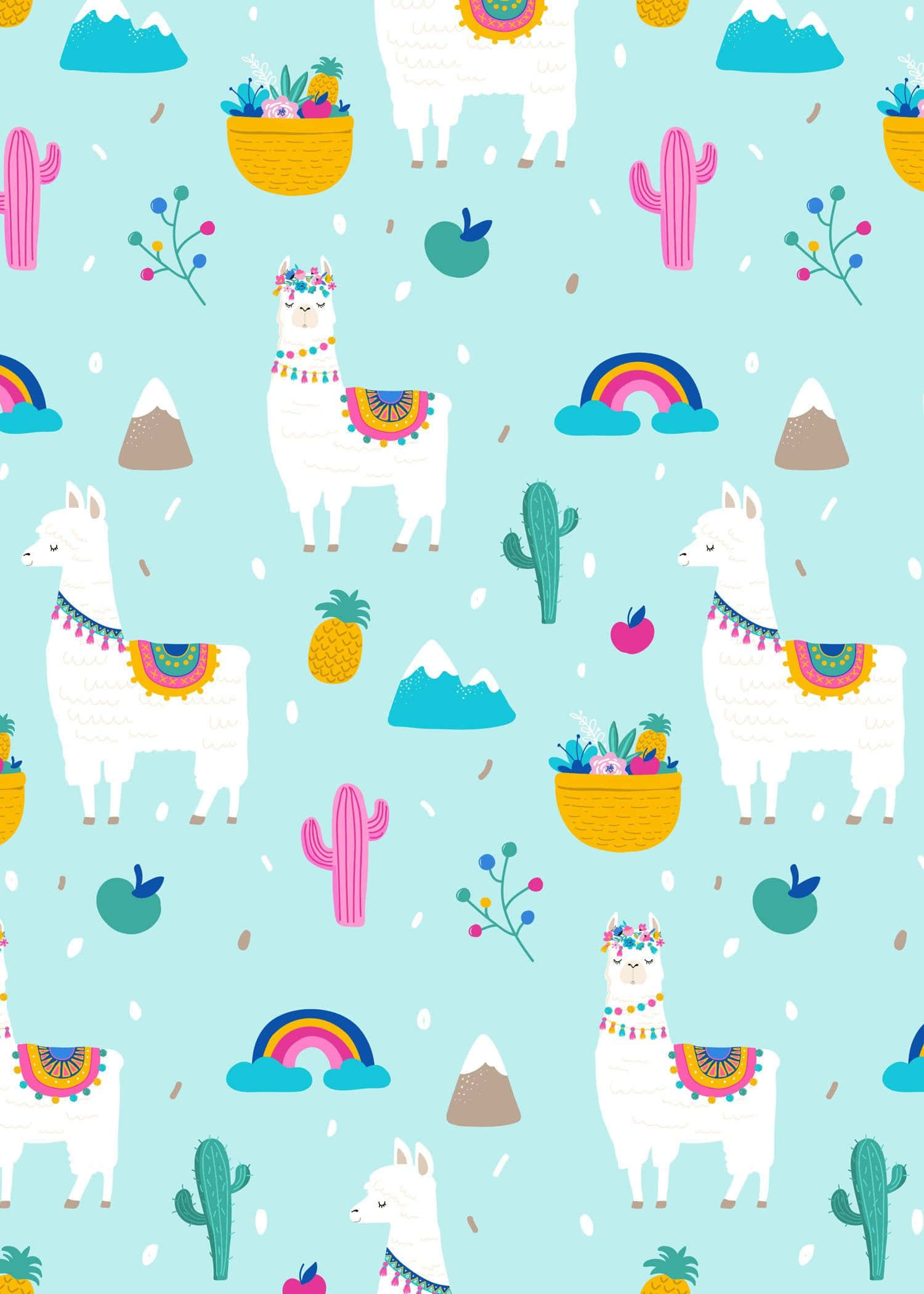 Kawaii Llama 桌布 壁紙 — 一個愉快的圖案，白色羊駝配上色彩繽紛的毯子、粉紅色仙人掌、彩虹和鳳梨，背景為淺藍色。