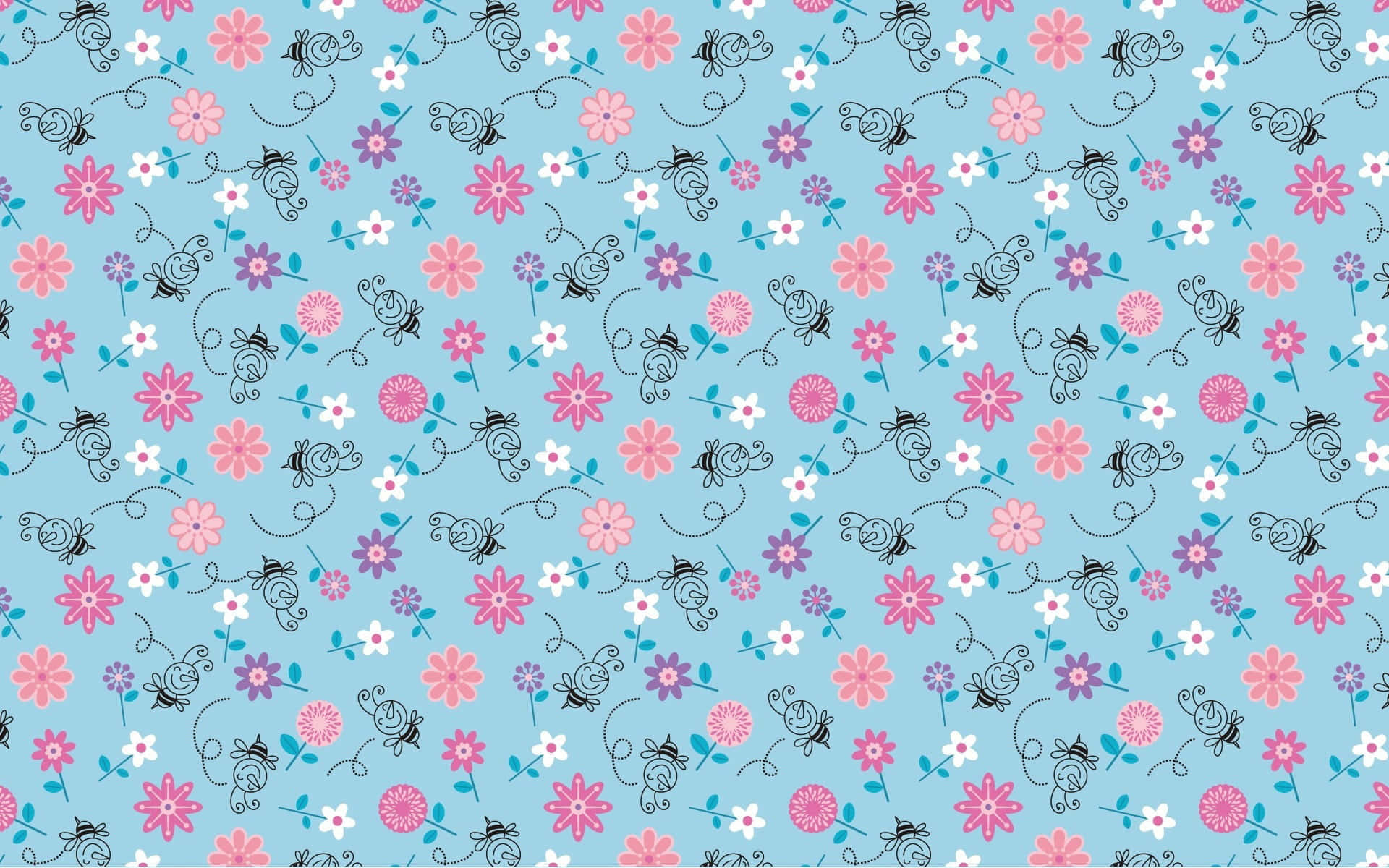 1920x1200 桌布 壁紙 — 一個愉快的圖案，粉紅色、紫色和白色的花朵，帶有黑色蜜蜂，在淺藍色背景上。