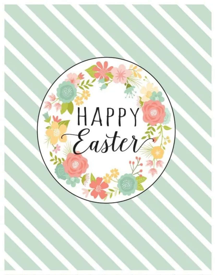 Happy Easter 桌布 壁紙 — 一個愉快的復活節問候，帶有花卉花環和粗體文字，背景是薄荷綠和白色的對角條紋。