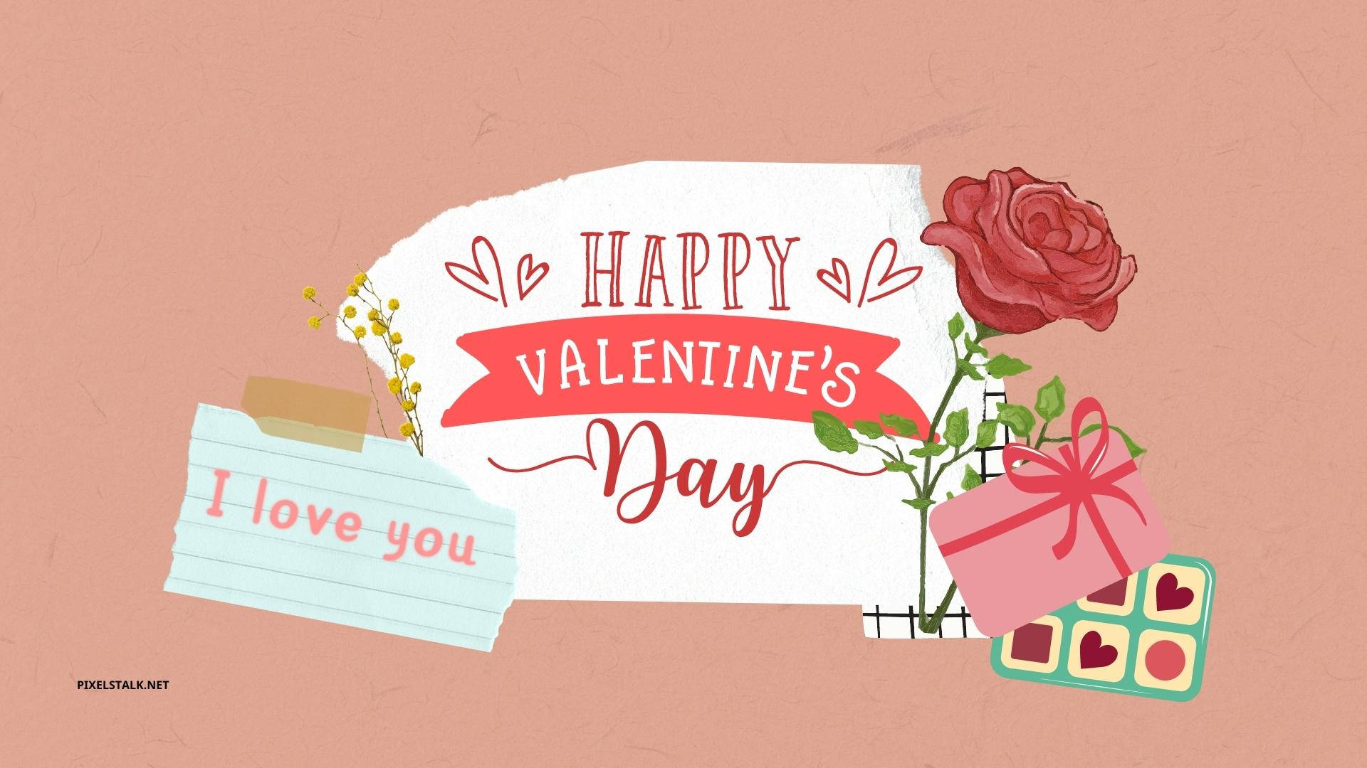 Valentines 桌布 壁紙 — 一個愉快的情人節插圖，包含紅玫瑰、禮物盒、巧克力，以及一張寫著我愛你的便條。