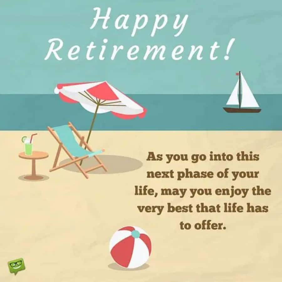 Retirement 桌布 壁紙 — 一個愉快的插圖海灘場景，有躺椅、遮陽傘、飲料和帆船，在晴朗的天空下慶祝退休。