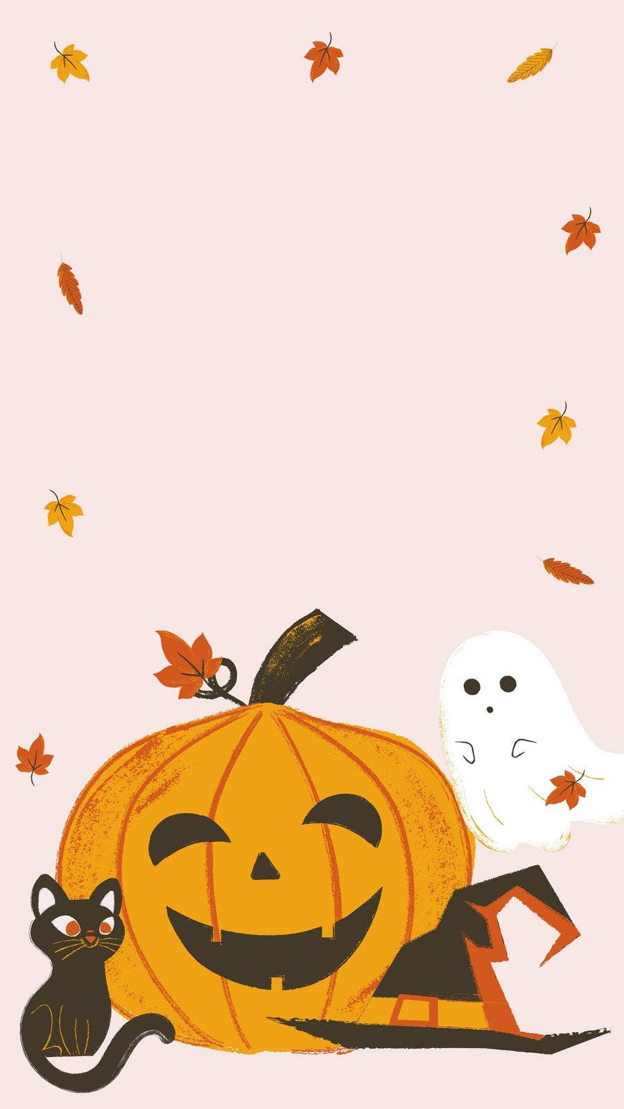粉紅色背景上落葉中的幽靈和貓的萬聖節南瓜 — 萬聖節動圖 壁紙