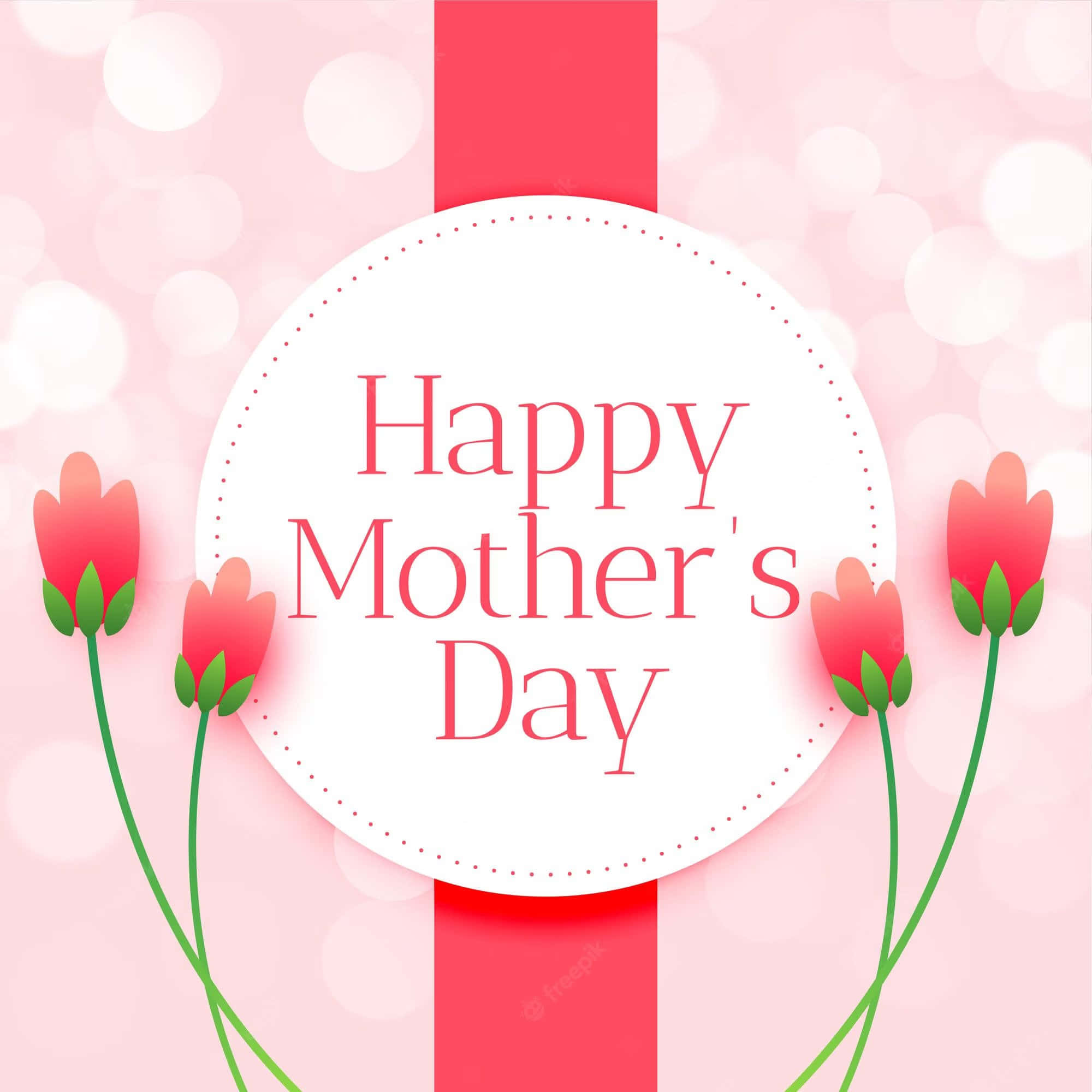 Happy Mothers Day 桌布 壁紙 — 一個愉快的母親節問候，粉紅色鬱金香和白色圓圈在柔和的粉紅色散景背景上。