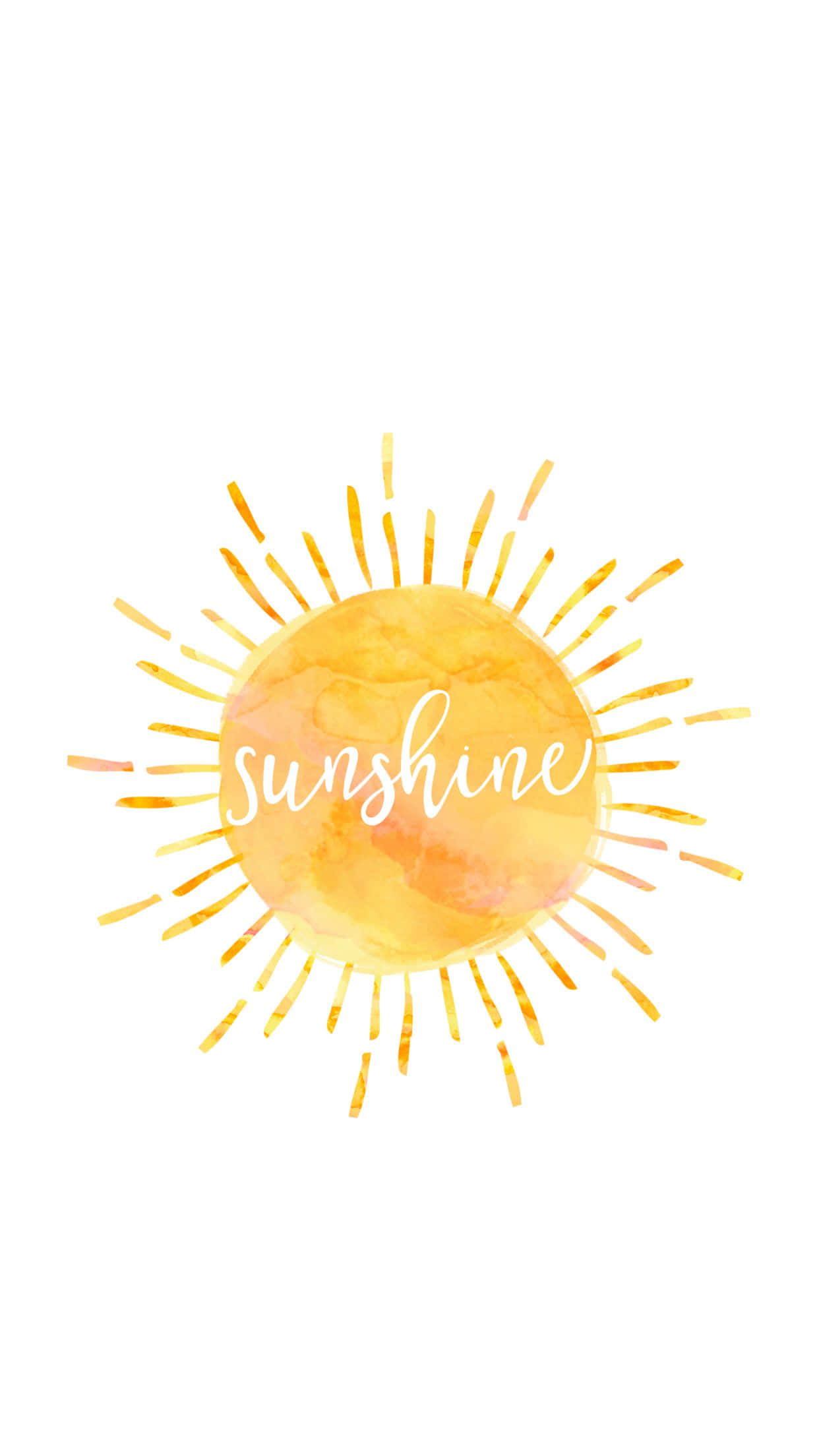 Summer iPhone 桌布 壁紙 — 一個愉快的水彩太陽，帶有放射線和草書單詞 sunshine，在白色背景上。