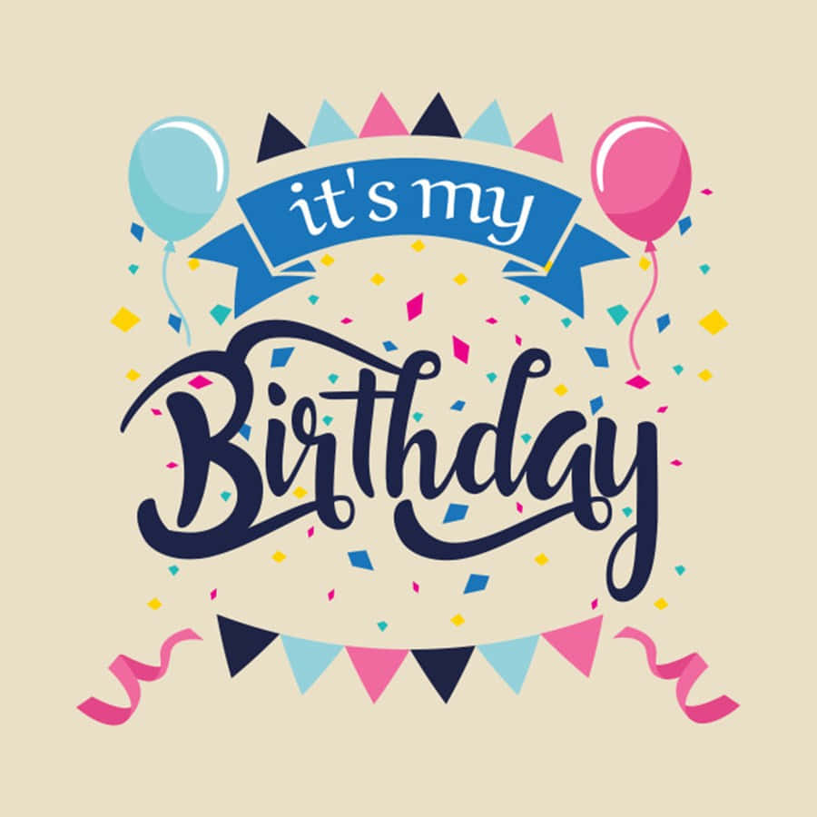 Birthday 桌布 壁紙 — 一個愉快的生日祝福，在米色背景上有彩色氣球、五彩紙屑和彩旗。
