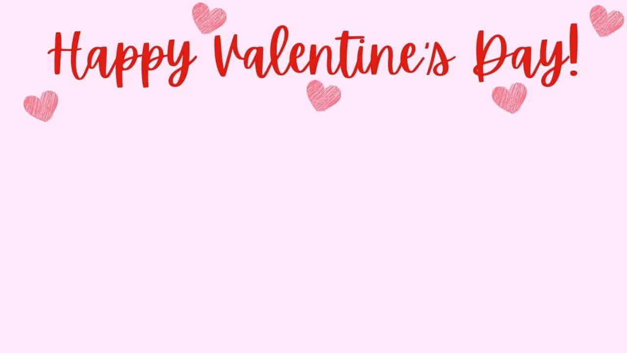 valentine 桌布 壁紙 — 一個愉快的粉紅色背景，上面有紅色草書文字寫著 Happy Valentine's Day，周圍環繞著手繪心形。