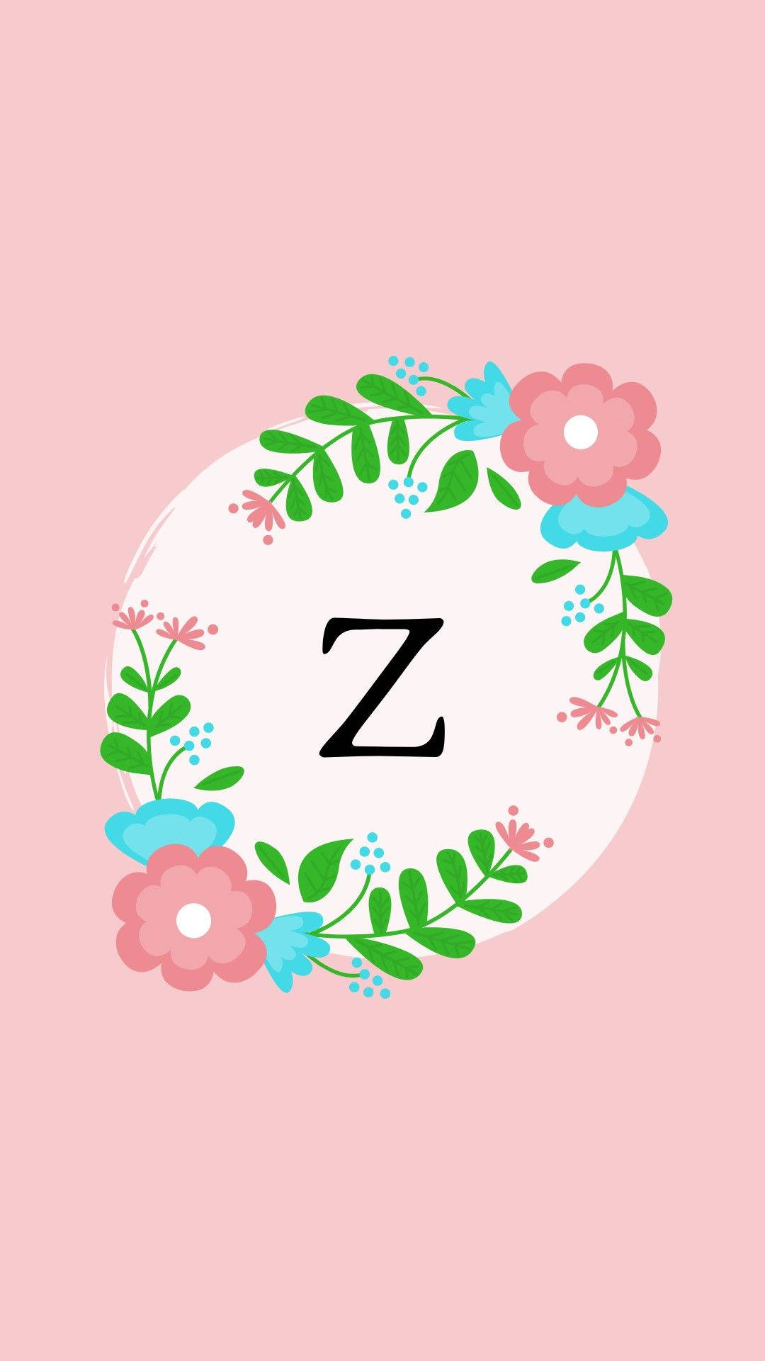 Z 桌布 壁紙 — 一個愉快的粉紅色背景，有一個白色圓圈，內有黑色字母Z，周圍環繞著粉紅色、藍色和綠色花朵的花環。