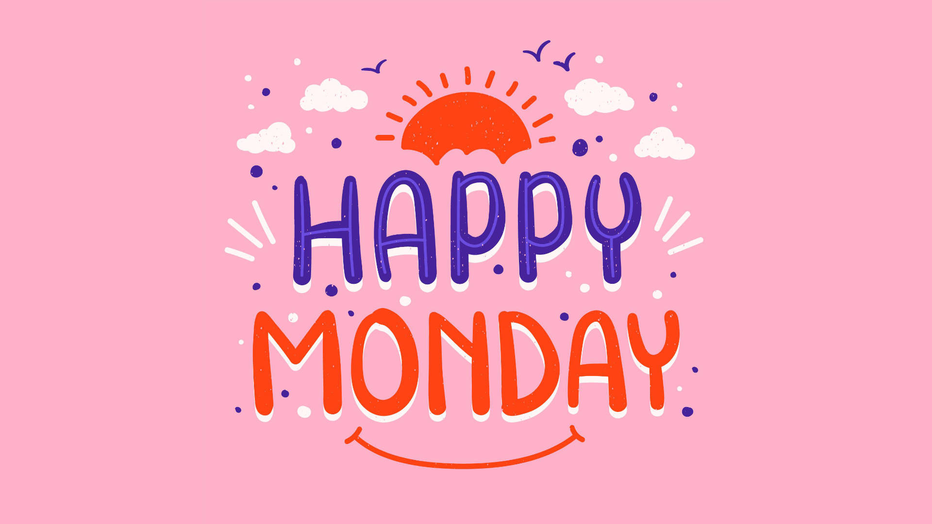 Happy Monday 桌布 壁紙 — 一個愉快的粉紅色背景上有粗體彩色文字寫著「HAPPY MONDAY」，上方有微笑的太陽和雲朵。